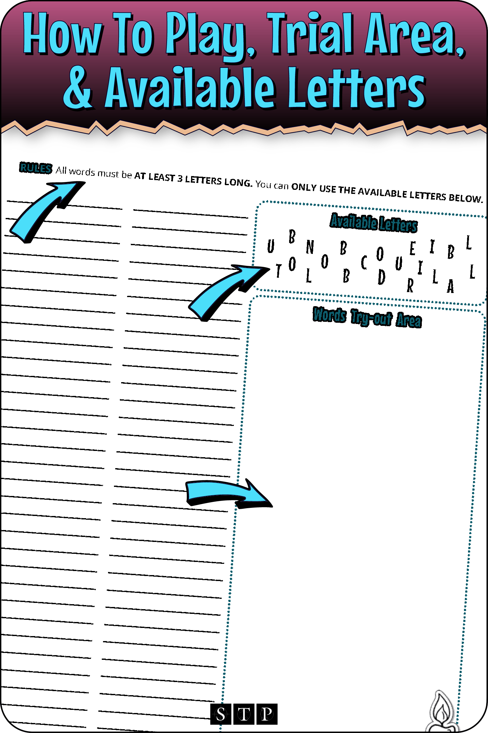A 'look inside' preview highlighting the rules for the 'Boil, Toil, Cauldron Bubble' (Version 4) letter jumble