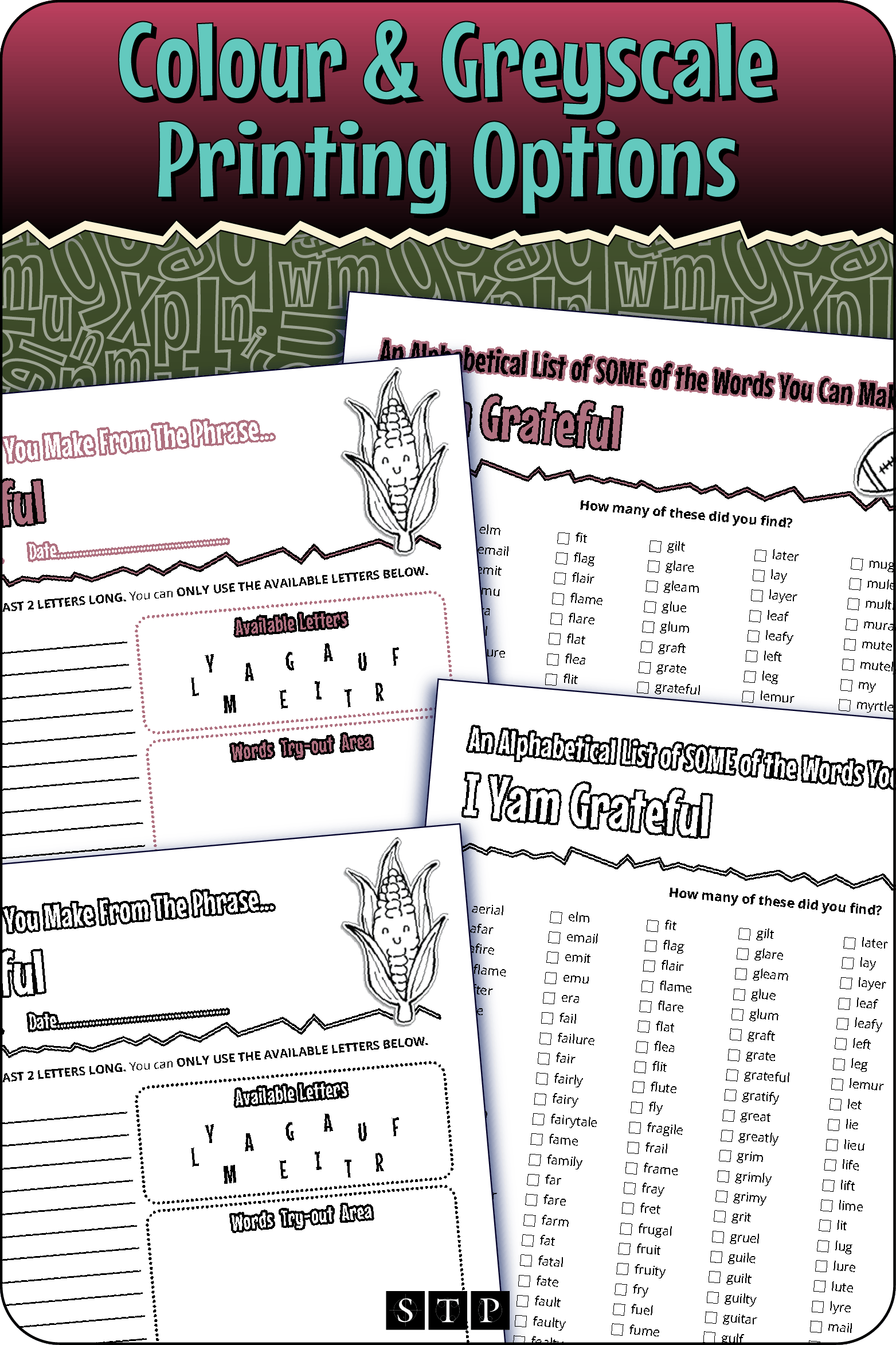 A 'look inside' preview showing the resource is available in both colour-accented and ink-friendly greyscale printing options.