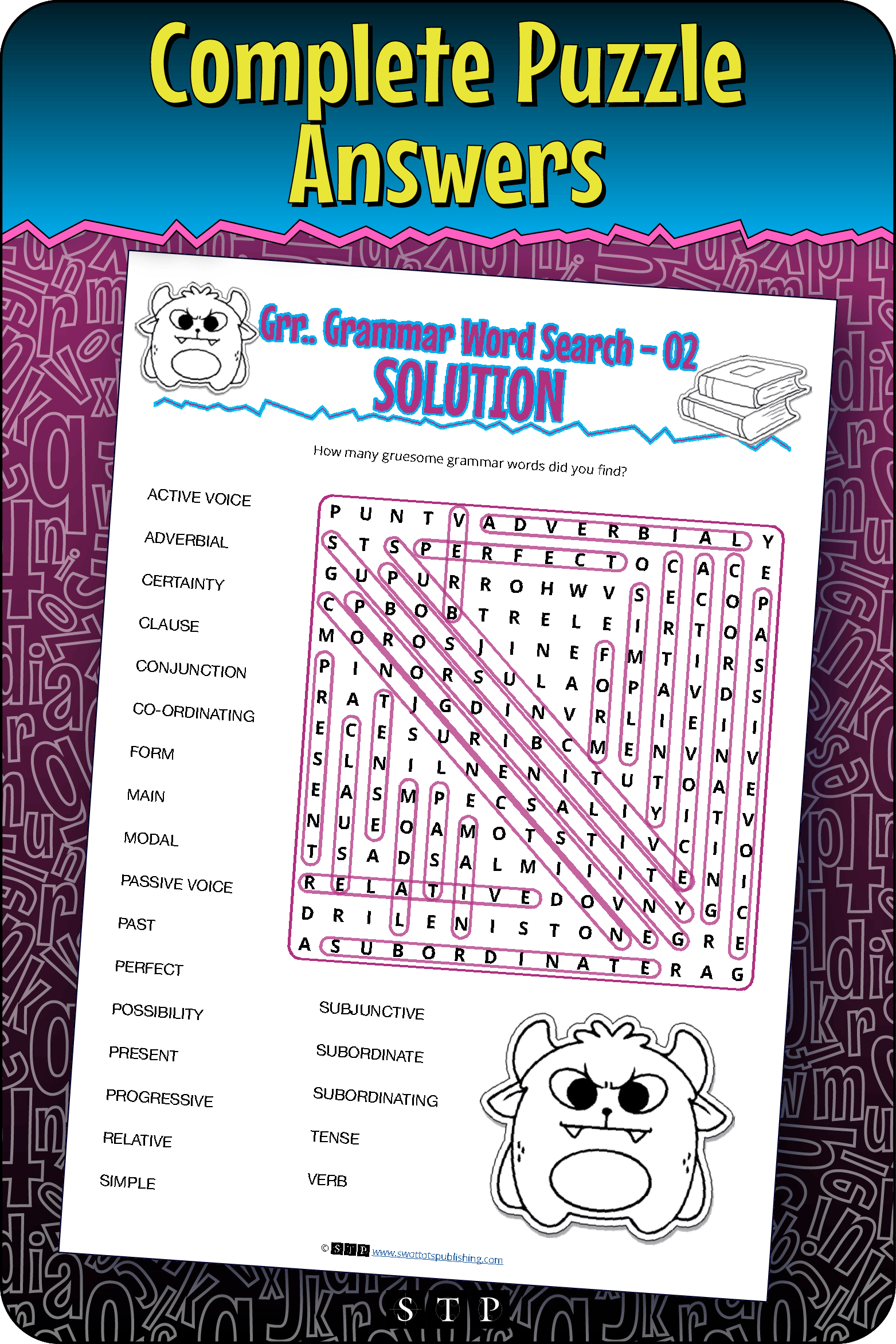 A 'look inside' preview showing the complete Grr… Grammar 02 word search puzzle answers.