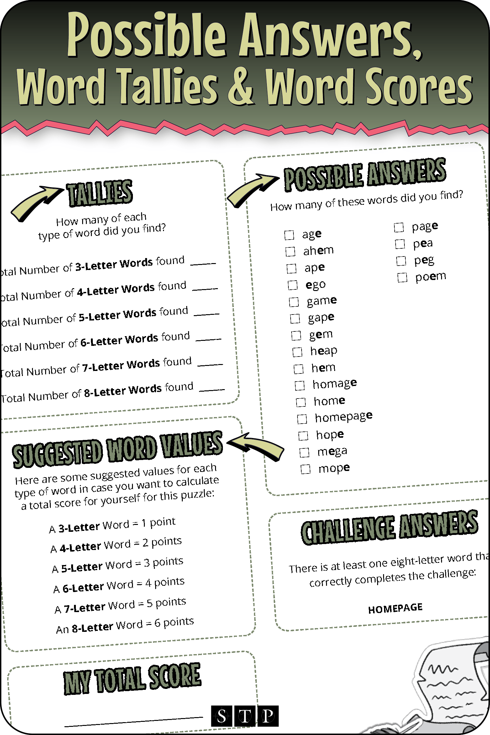 A 'look inside' preview highlighting the key features of the second page of the 'EMEOGAHP' word wheel puzzle