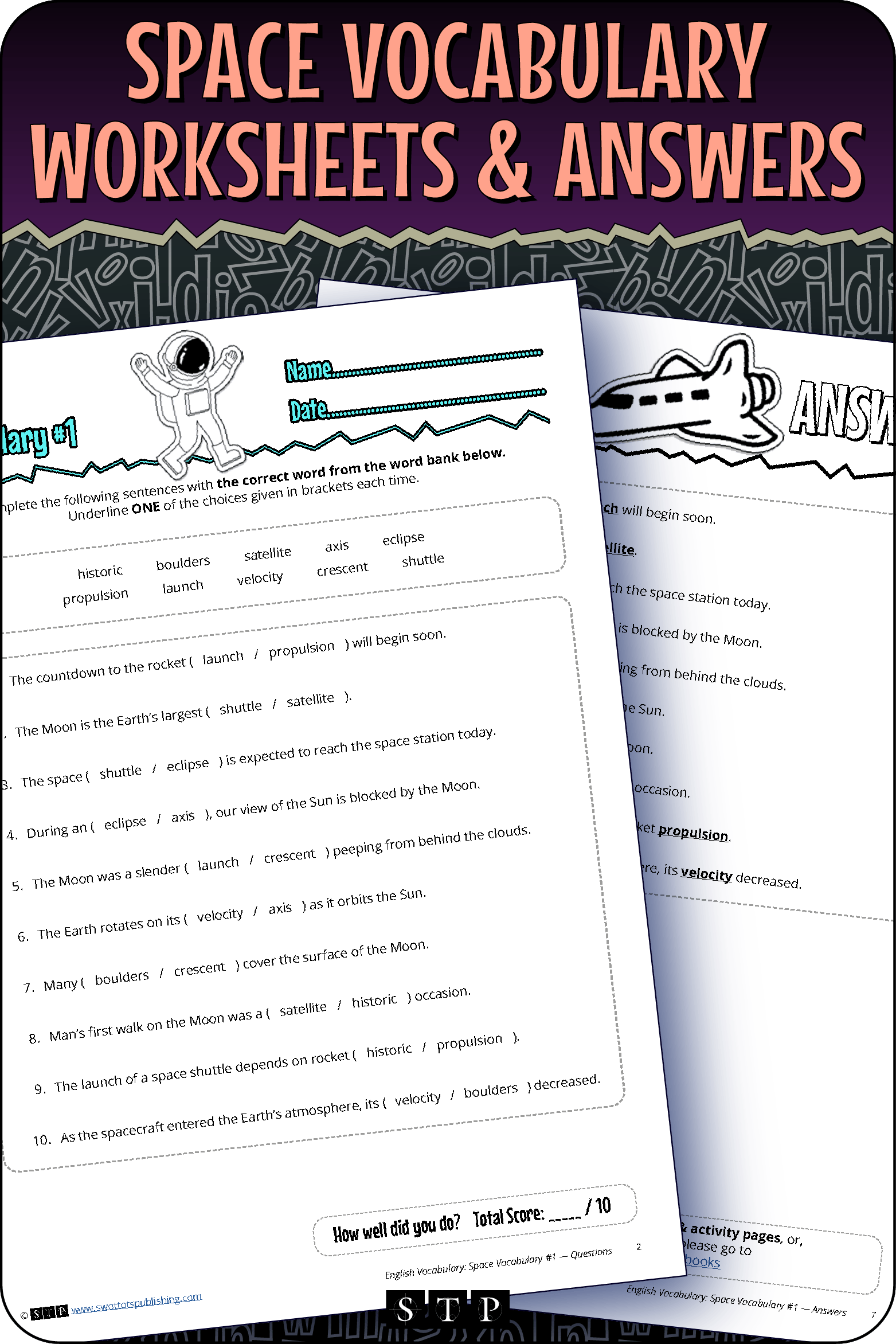 A mock-up of the 'Space Vocabulary #1' worksheets and answer key, a free vocabulary resource for download.