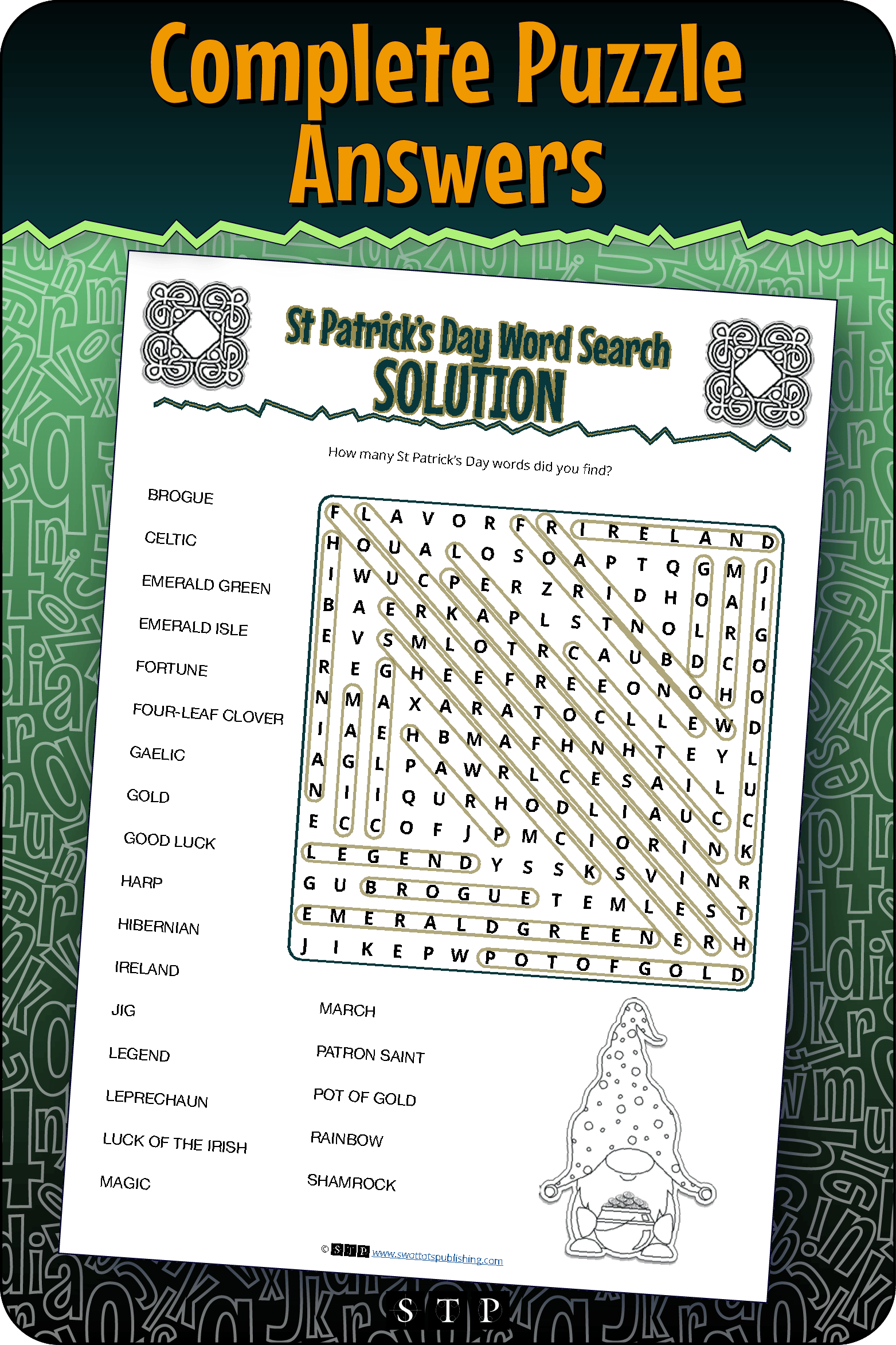 A 'look inside' preview showing the complete St Patrick's Day word search puzzle answers.