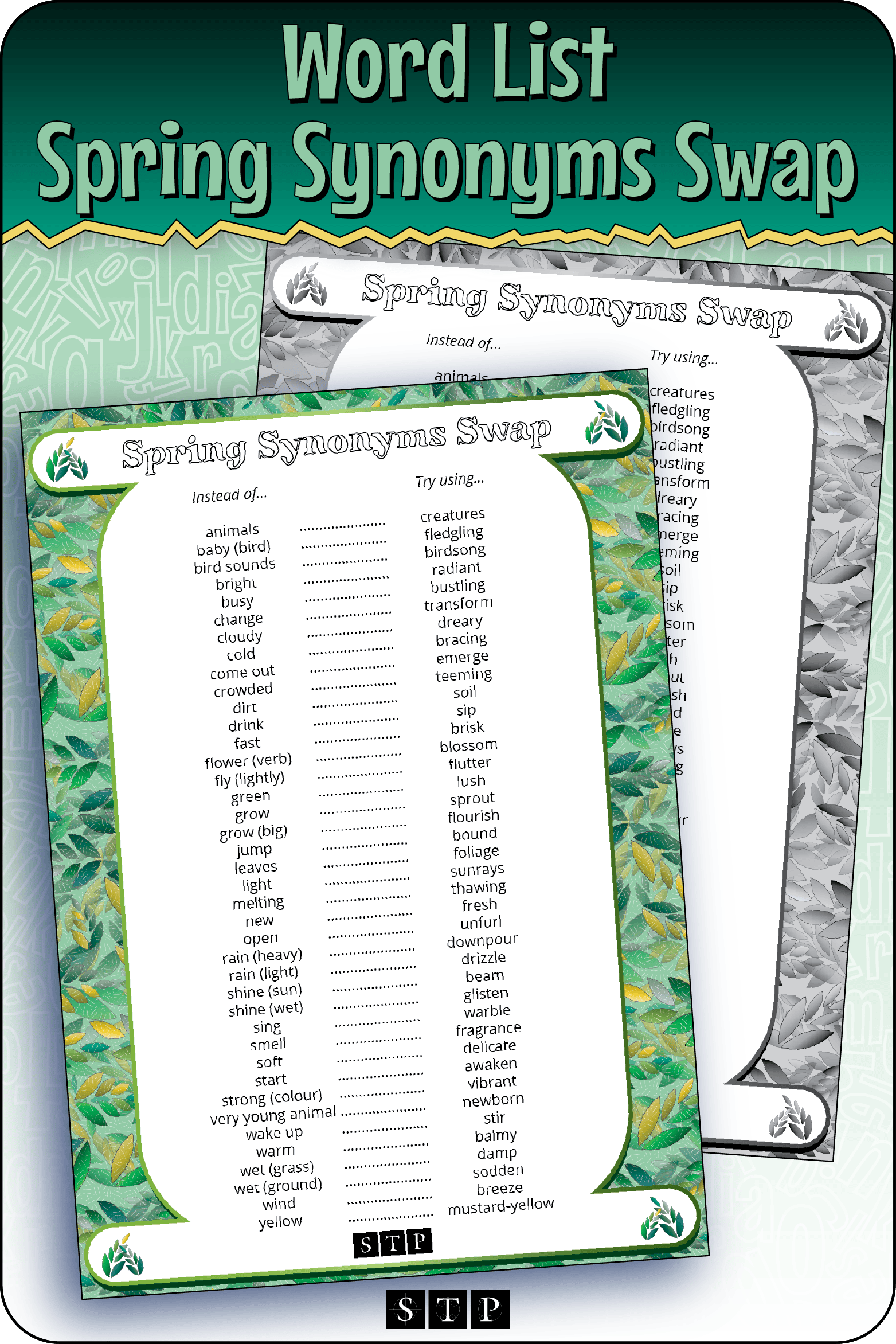A mock-up of the 'Spring Synonyms Swap' list of alternative word choices, a free vocabulary and spelling resource for download for Years 5 & 6.