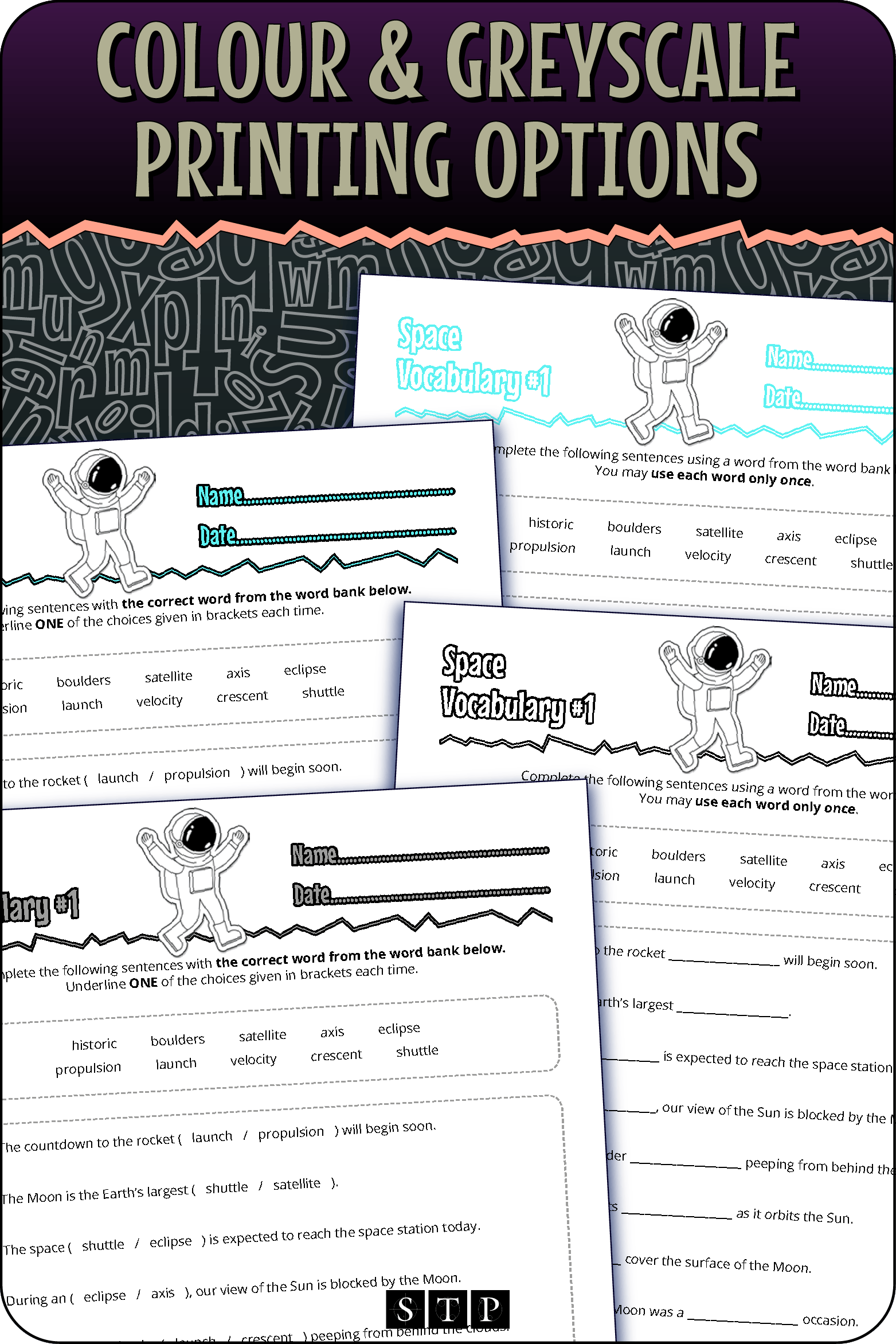 A 'look inside' preview showing the resource is available in both colour-accented and ink-friendly greyscale printing options.