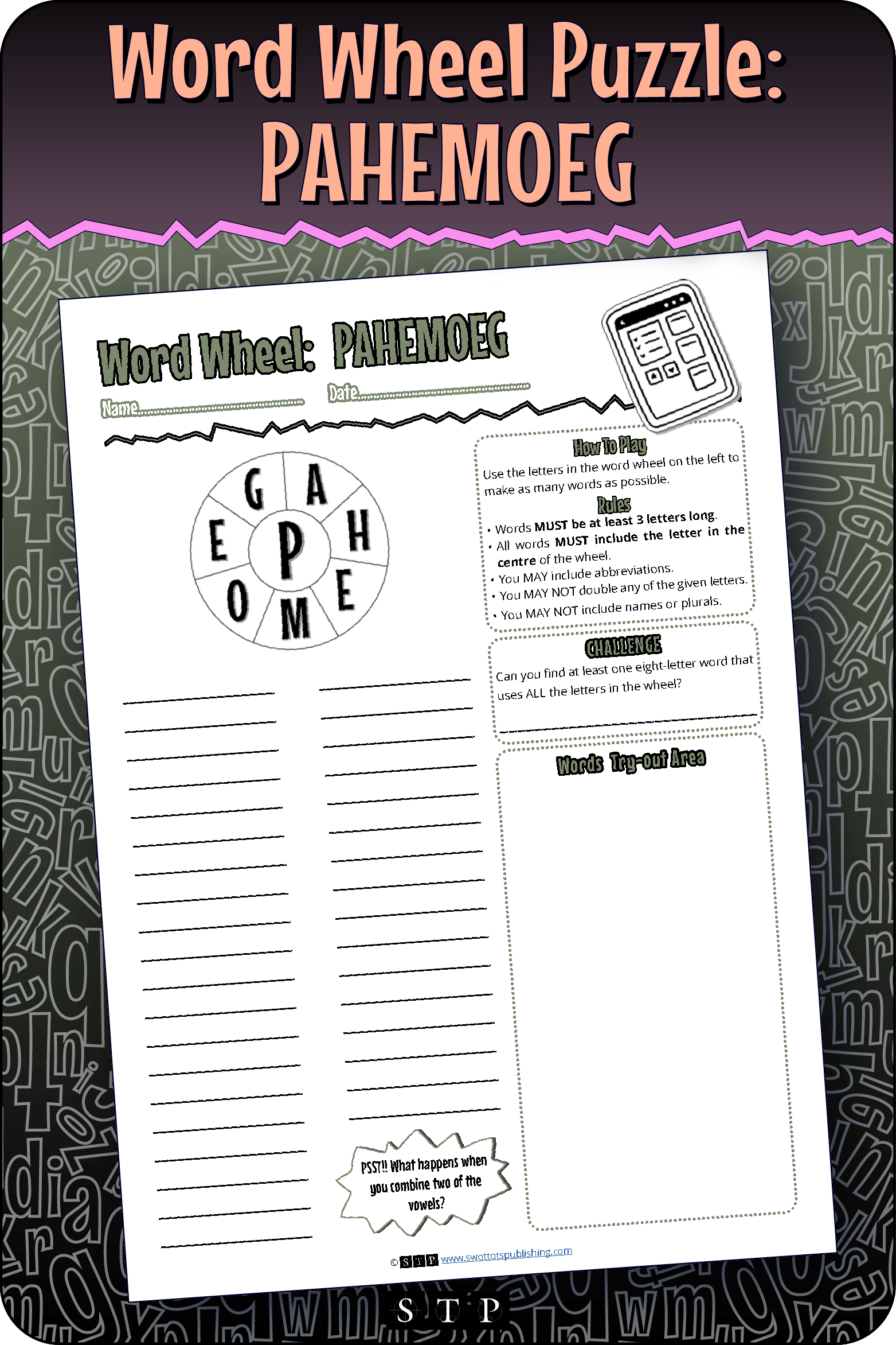 A mock-up of the 'PAHEMOEG' word wheel puzzle, a free word game for download.