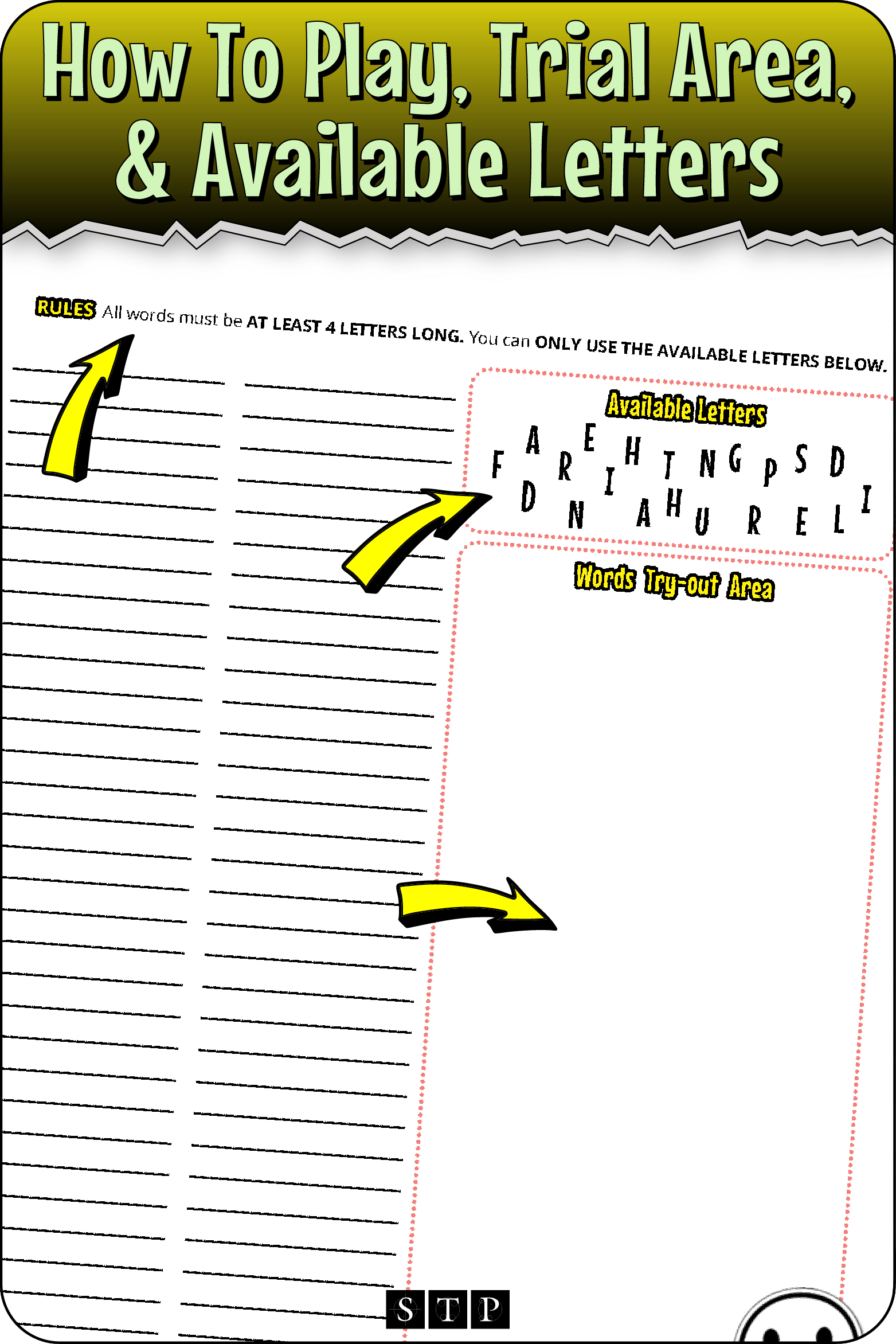 A 'look inside' preview highlighting the rules for the 'Laughter & Friendship' (Version 2) letter jumble