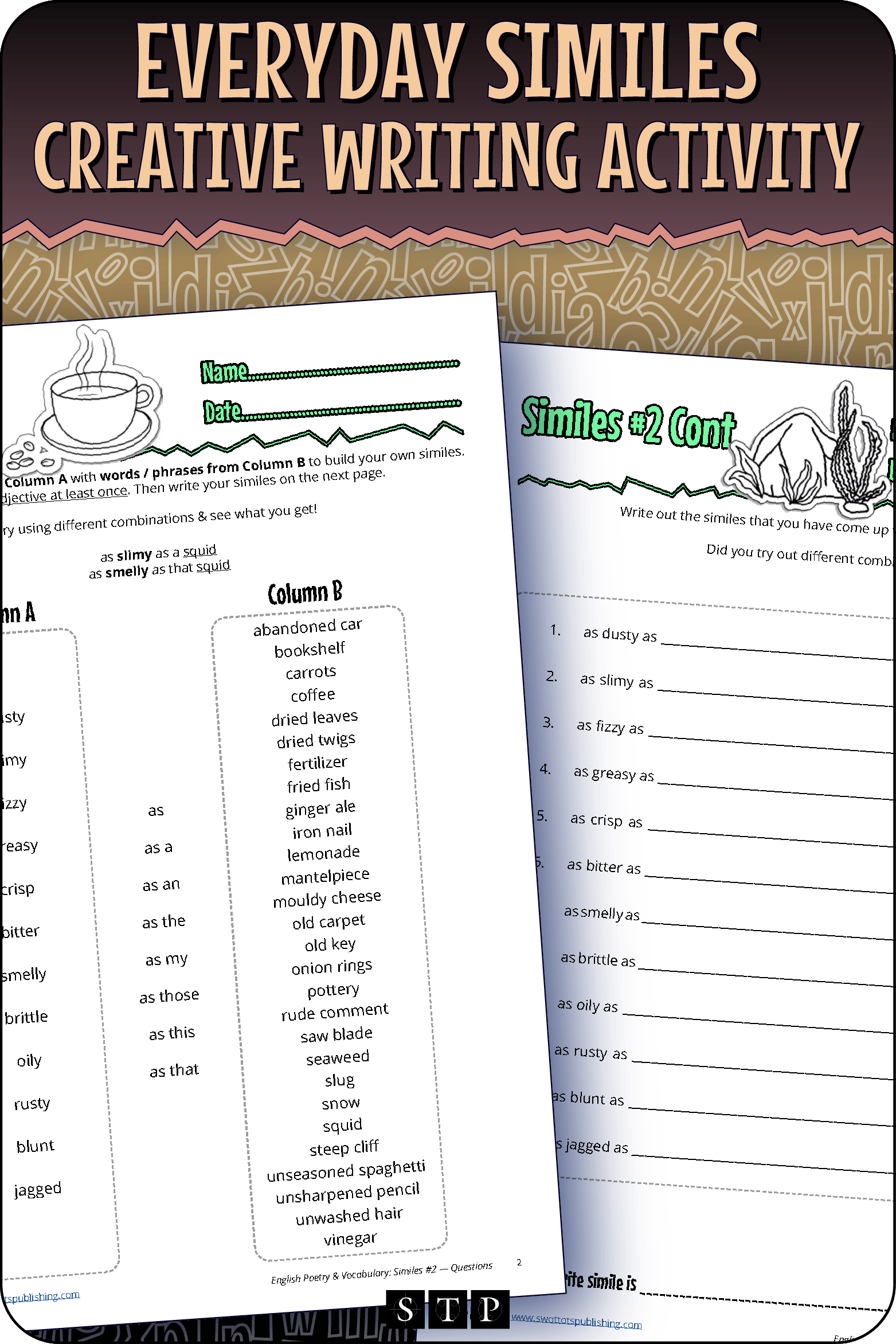 A mock-up of the 'Everyday Similes #2' activity, a free poetry and creative writing resource for download.