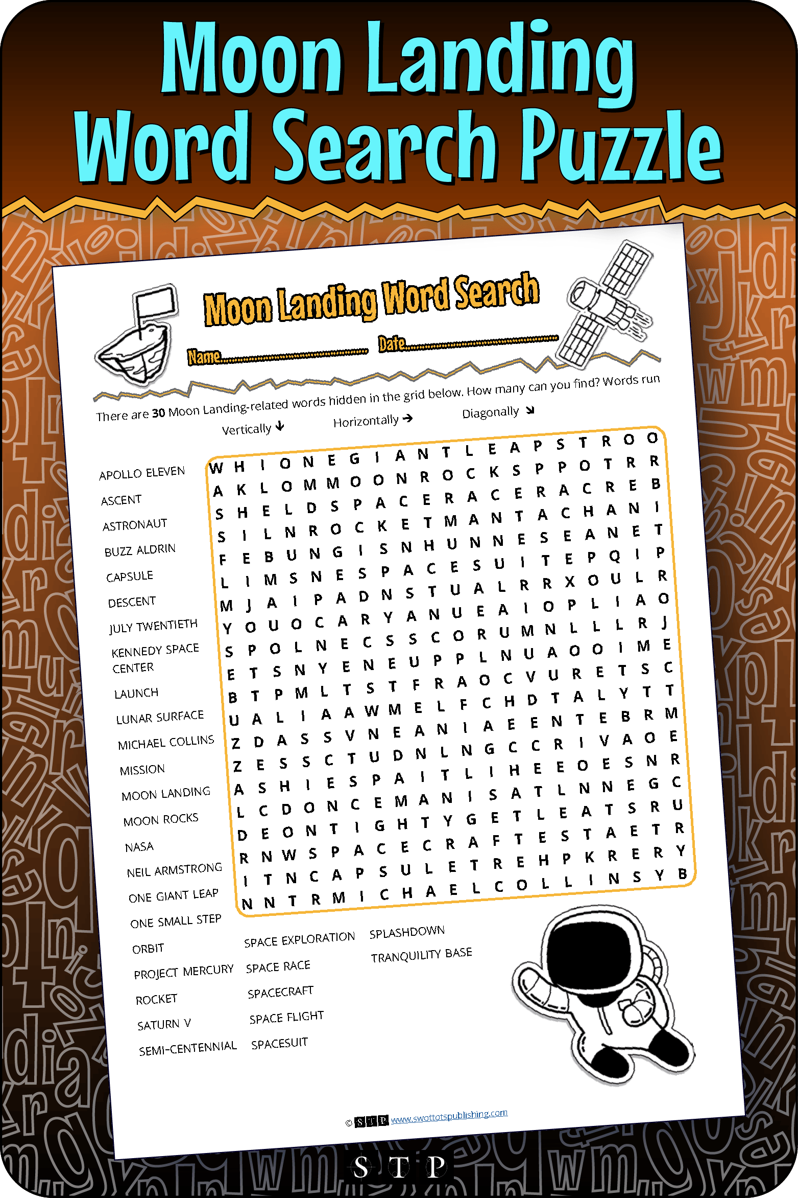A mock-up of the 'Moon Landing' word search puzzle, a free word game for download.
