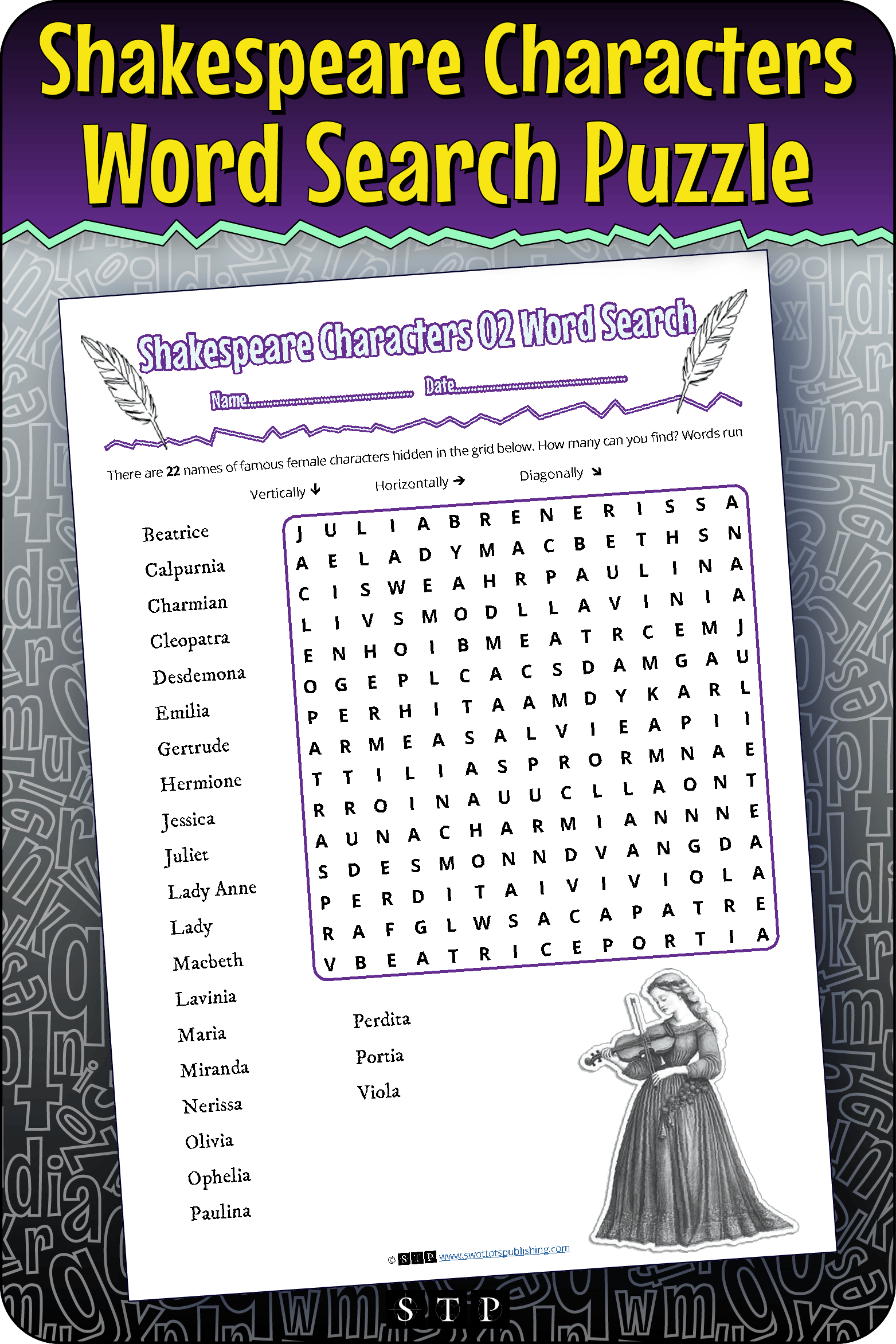 A mock-up of the 'Shakespeare Characters #2' word search puzzle, a free word game for download.