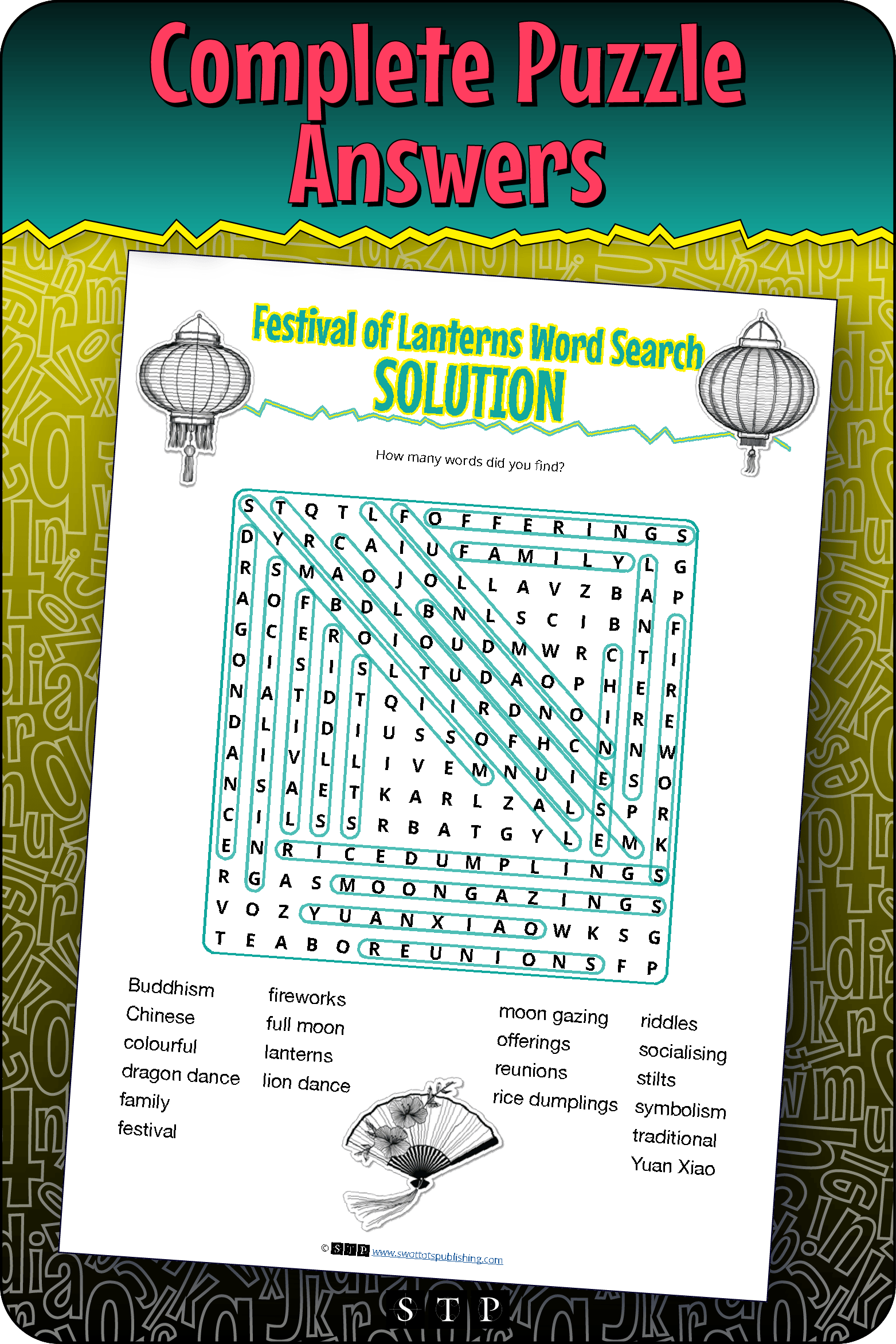 A 'look inside' preview showing the complete Festival of Lanterns word search puzzle answers.