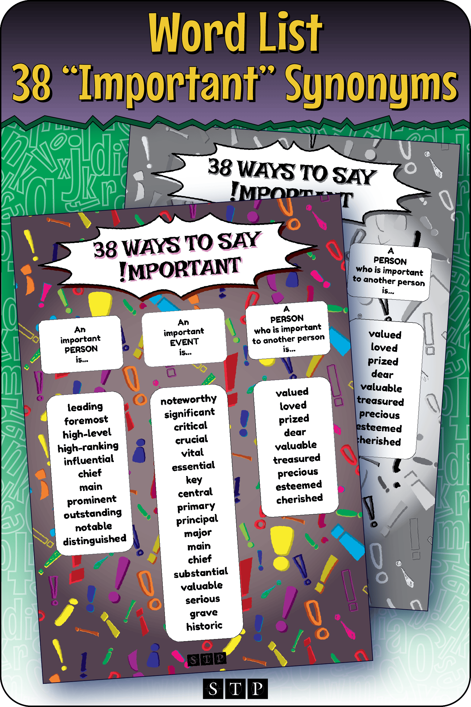 A mock-up of the '38 Ways to Say Important' word list, a free vocabulary and spelling resource for download for Years 5 & 6.