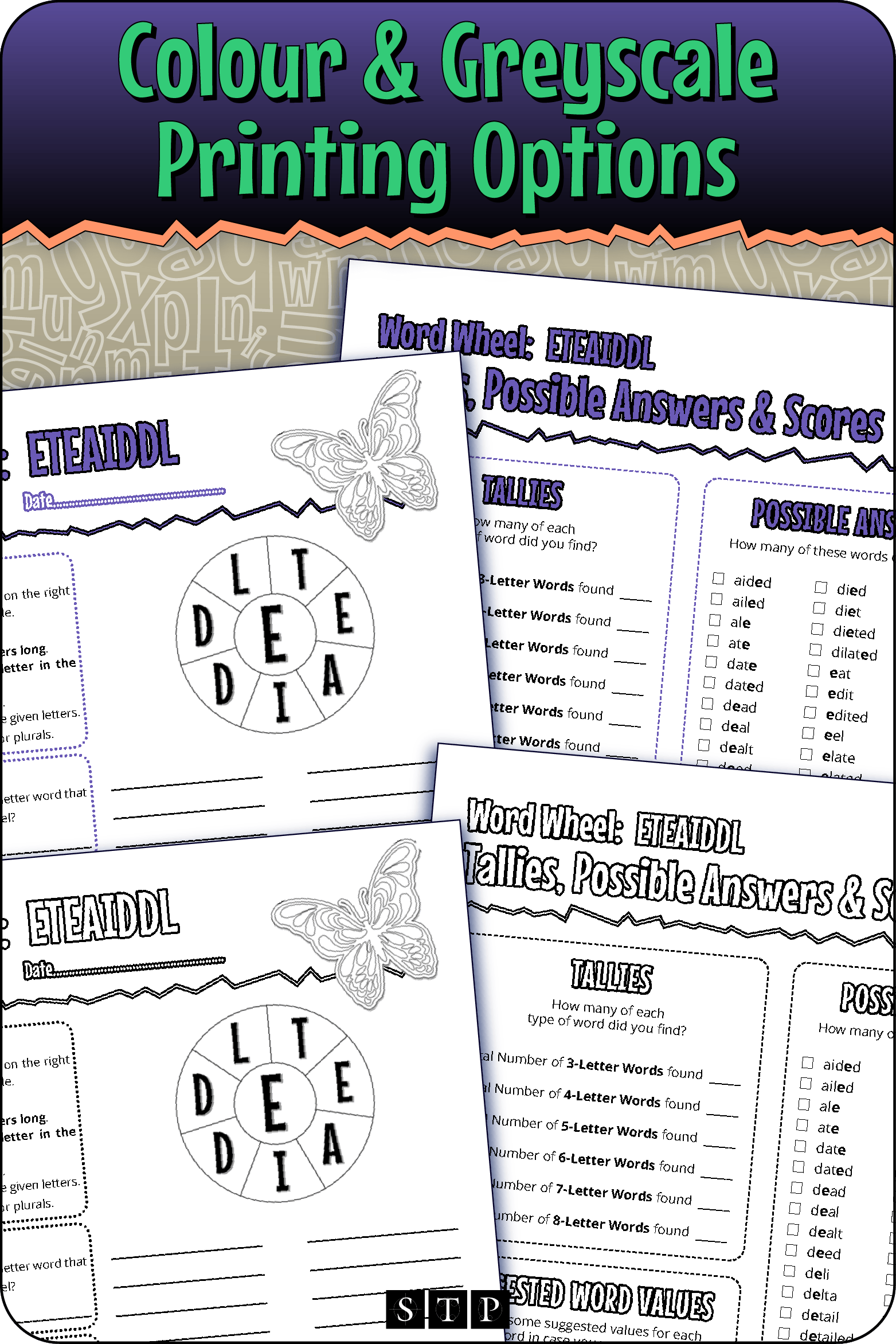 A 'look inside' preview showing the resource is available in both colour-accented and ink-friendly greyscale printing options.