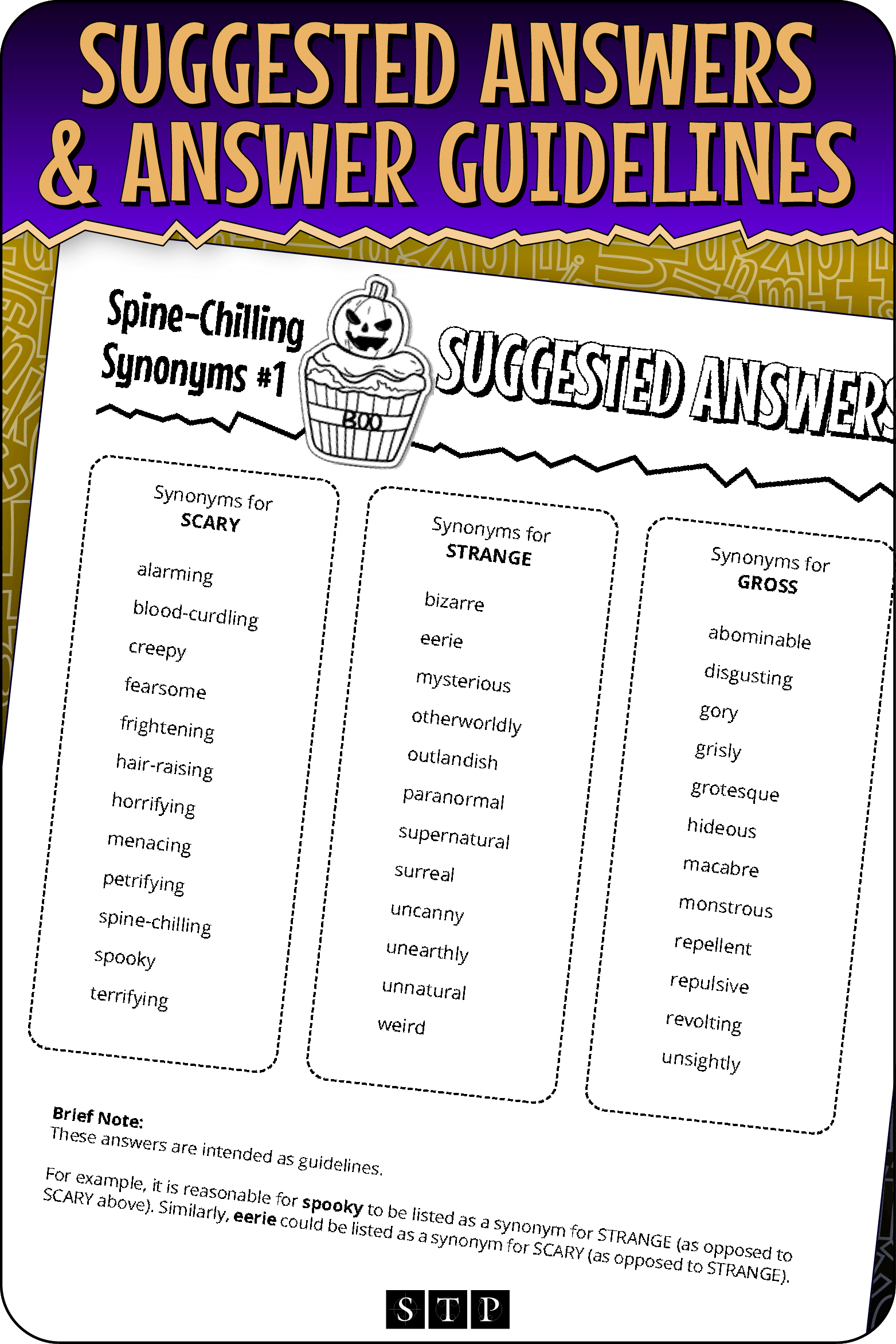 A 'look inside' preview showing the suggested answers and marking guidelines for the 'Spine-Chilling Synonyms #1' activity.