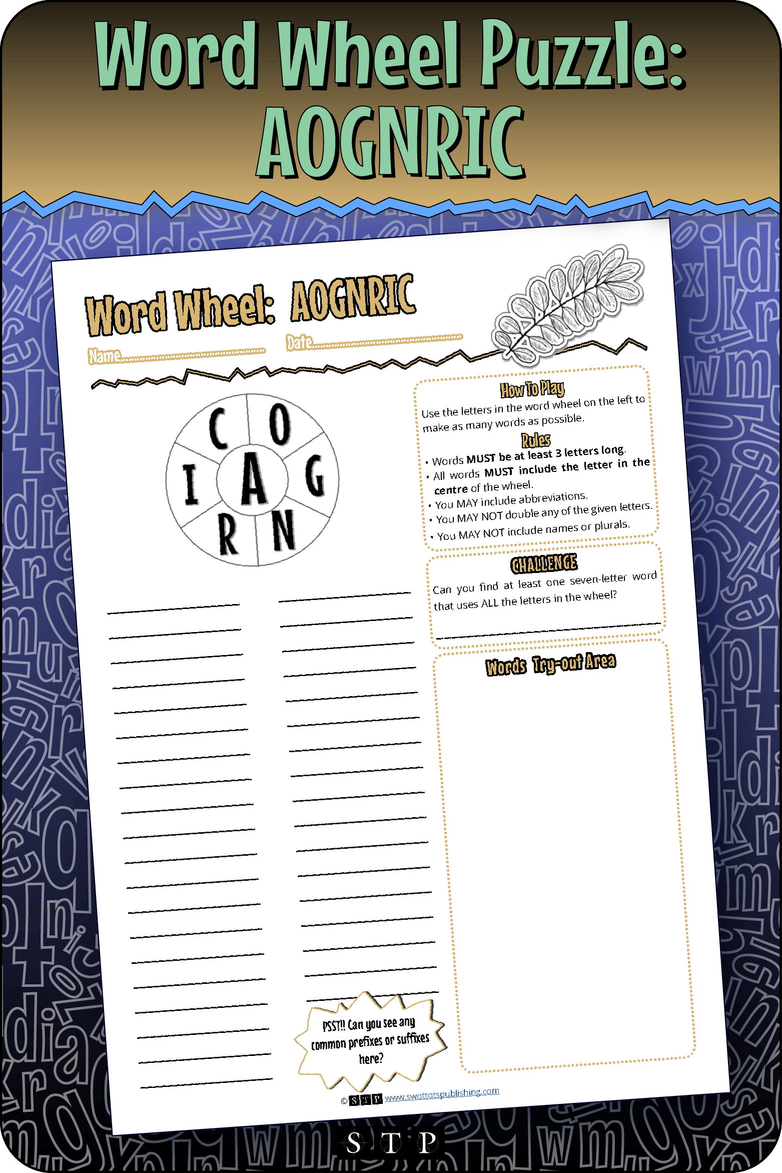 A mock-up of the 'AOGNRIC' word wheel puzzle, a free word game for download.