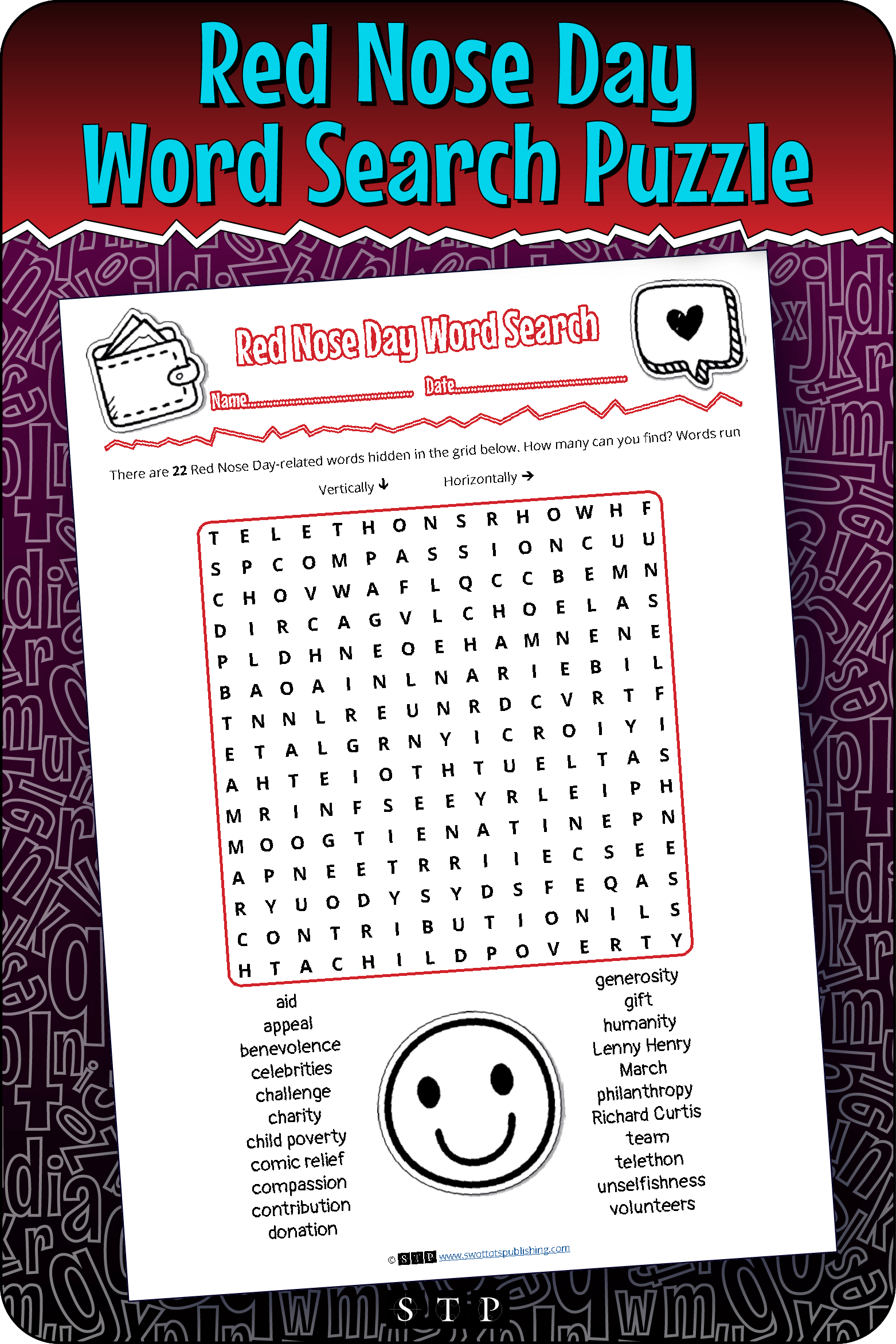 A mock-up of the 'Red Nose Day' word search puzzle, a free word game for download.