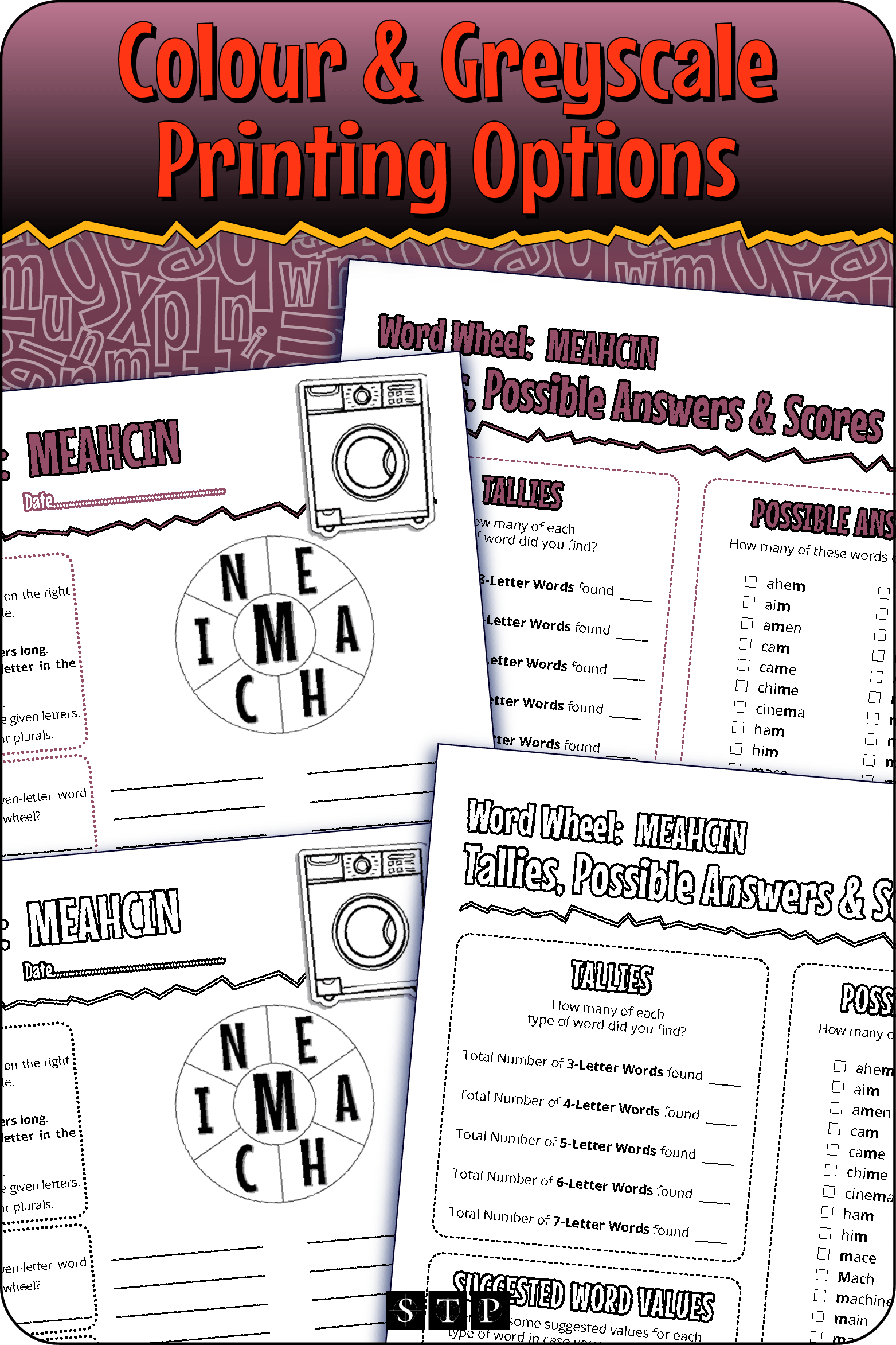 A 'look inside' preview showing the resource is available in both colour-accented and ink-friendly greyscale printing options.