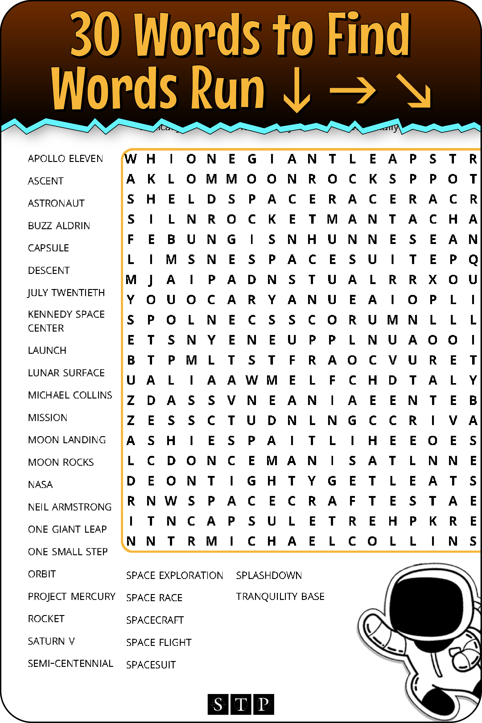 A 'look inside' preview showing the total number of words to find and the directions that the words take in the grid of the 'Moon Landing' word search puzzle.