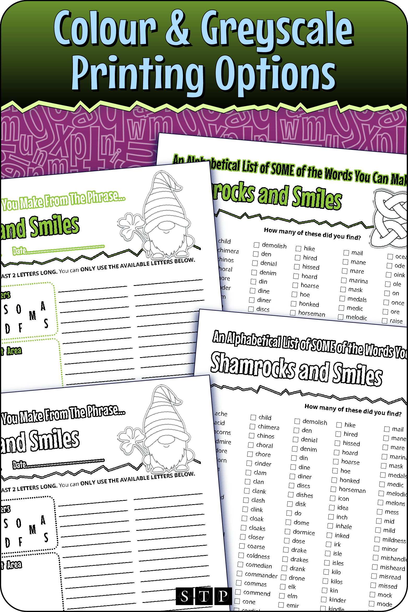 A 'look inside' preview showing the resource is available in both colour-accented and ink-friendly greyscale printing options.