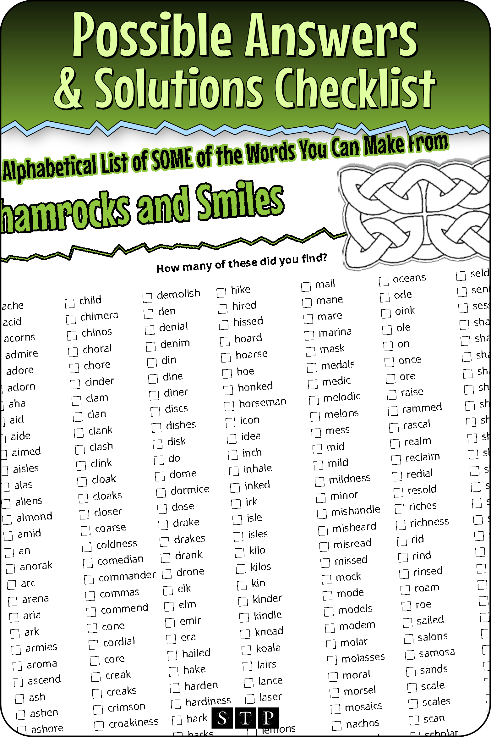 A 'look inside' preview showing a list of possible solutions for the 'Shamrocks & Smiles' (Version 2) letter jumble