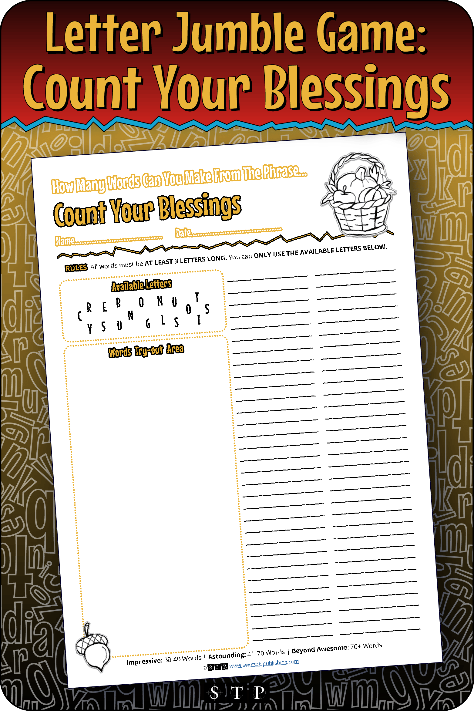 A mock-up of the 'Count Your Blessings' (Version 2) letter jumble, a free word game for download.