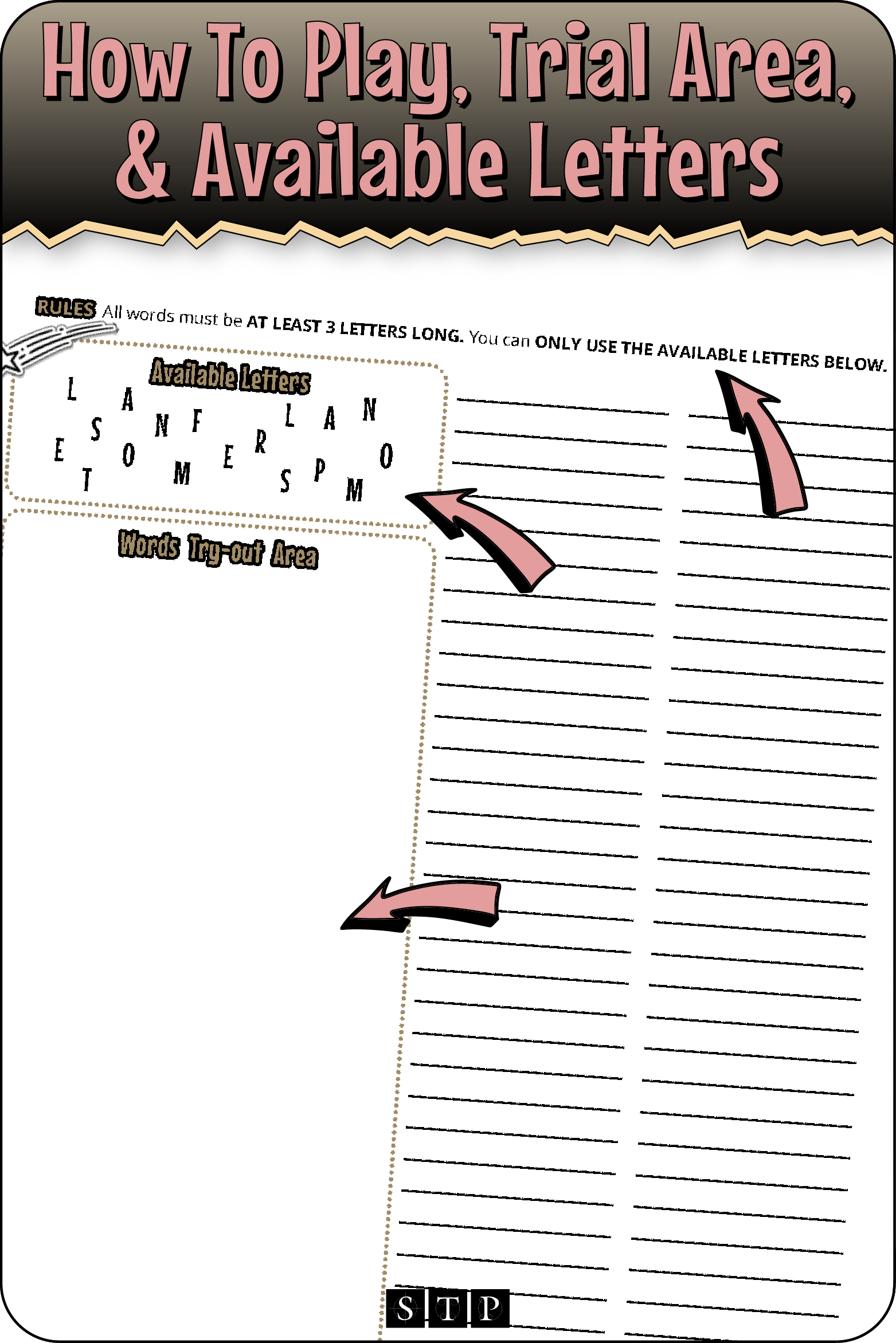 A 'look inside' preview highlighting the rules for the 'One Small Step for Man' (Version 1) letter jumble