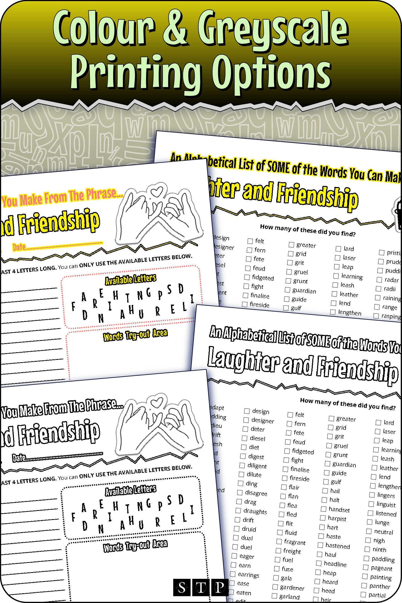 A 'look inside' preview showing the resource is available in both colour-accented and ink-friendly greyscale printing options.