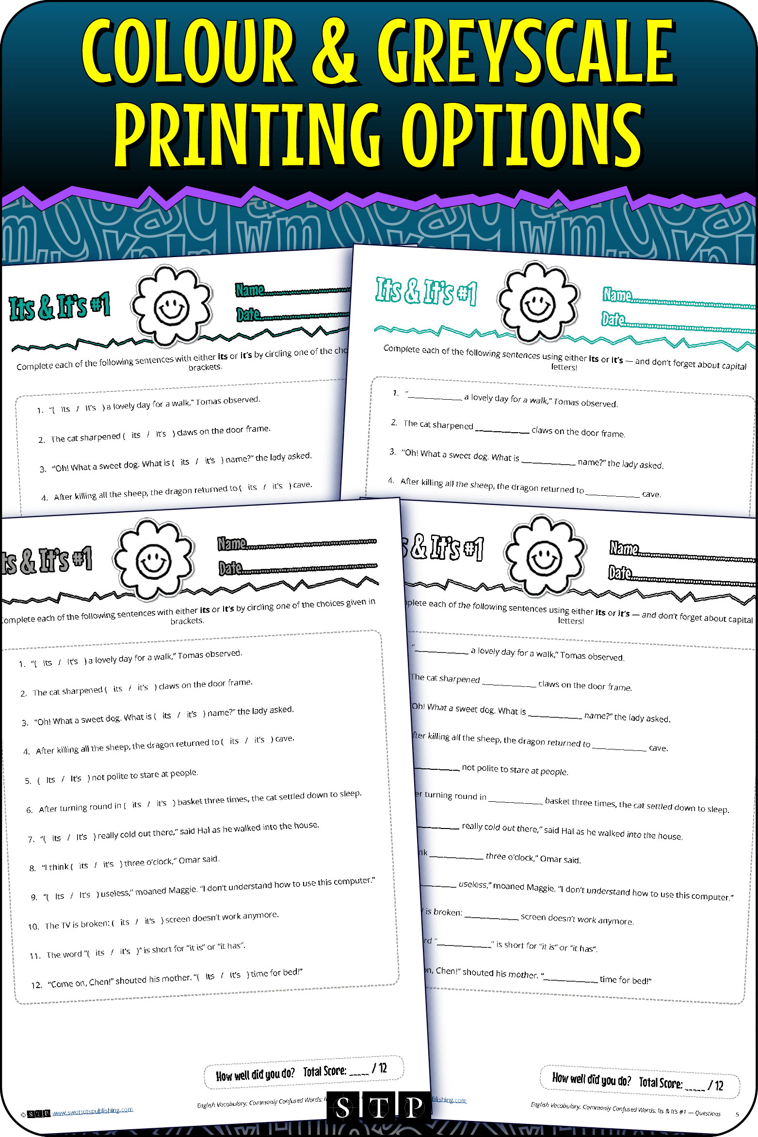 A 'look inside' preview showing the resource is available in both colour-accented and ink-friendly greyscale printing options.