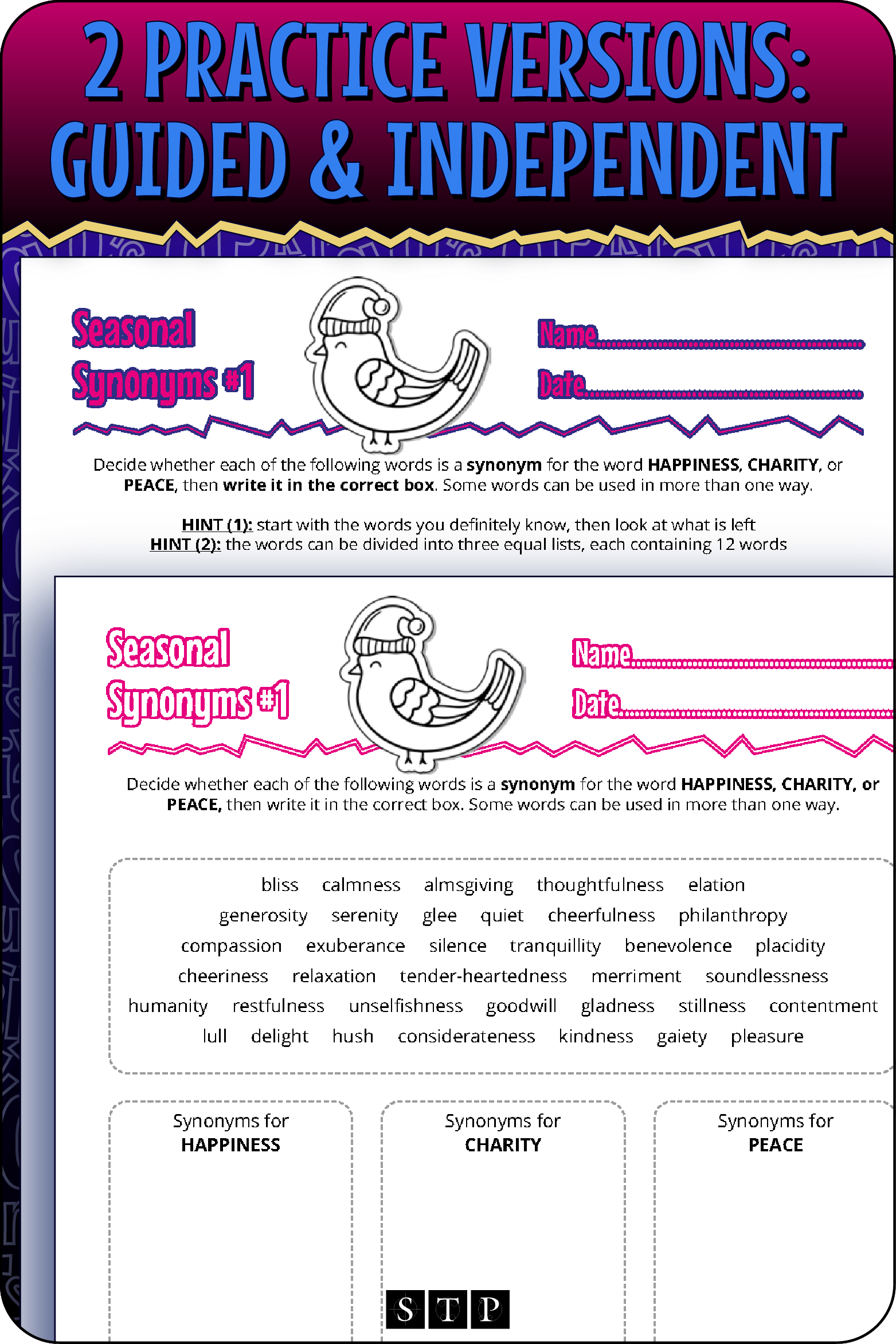 A 'look inside' preview showing the two differentiated activities: Version 1 (Guided Practice) with hints and Version 2 (Independent Practice).