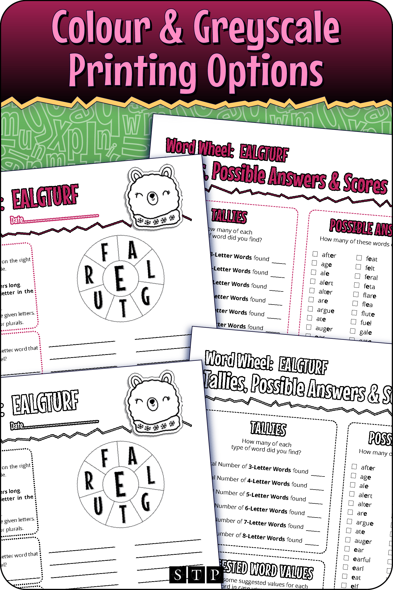 A 'look inside' preview showing the resource is available in both colour-accented and ink-friendly greyscale printing options.