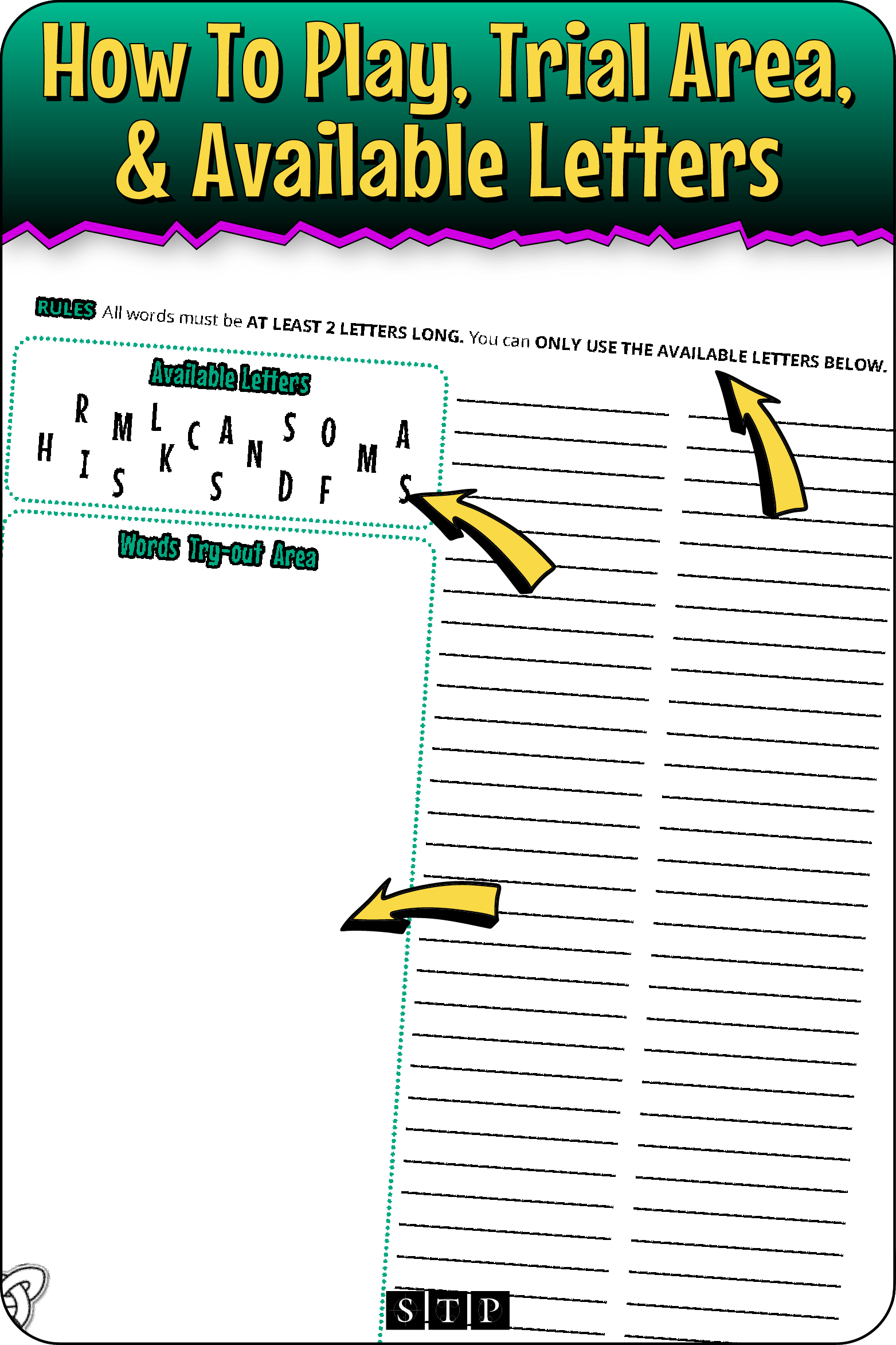 A 'look inside' preview highlighting the rules for the 'Shamrocks & Smiles' (Version 1) letter jumble