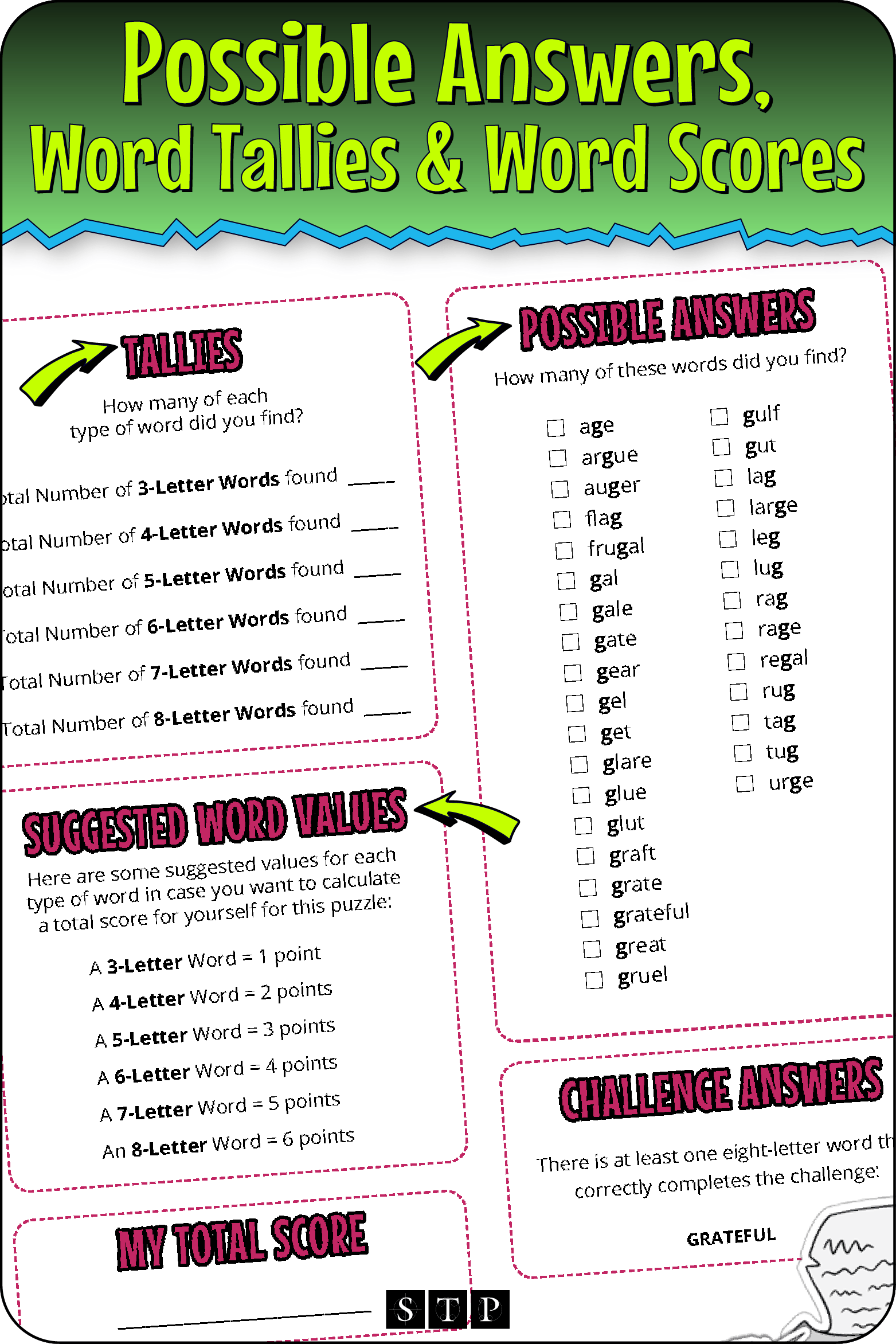 A 'look inside' preview highlighting the key features of the second page of the 'GTFALERU' word wheel puzzle