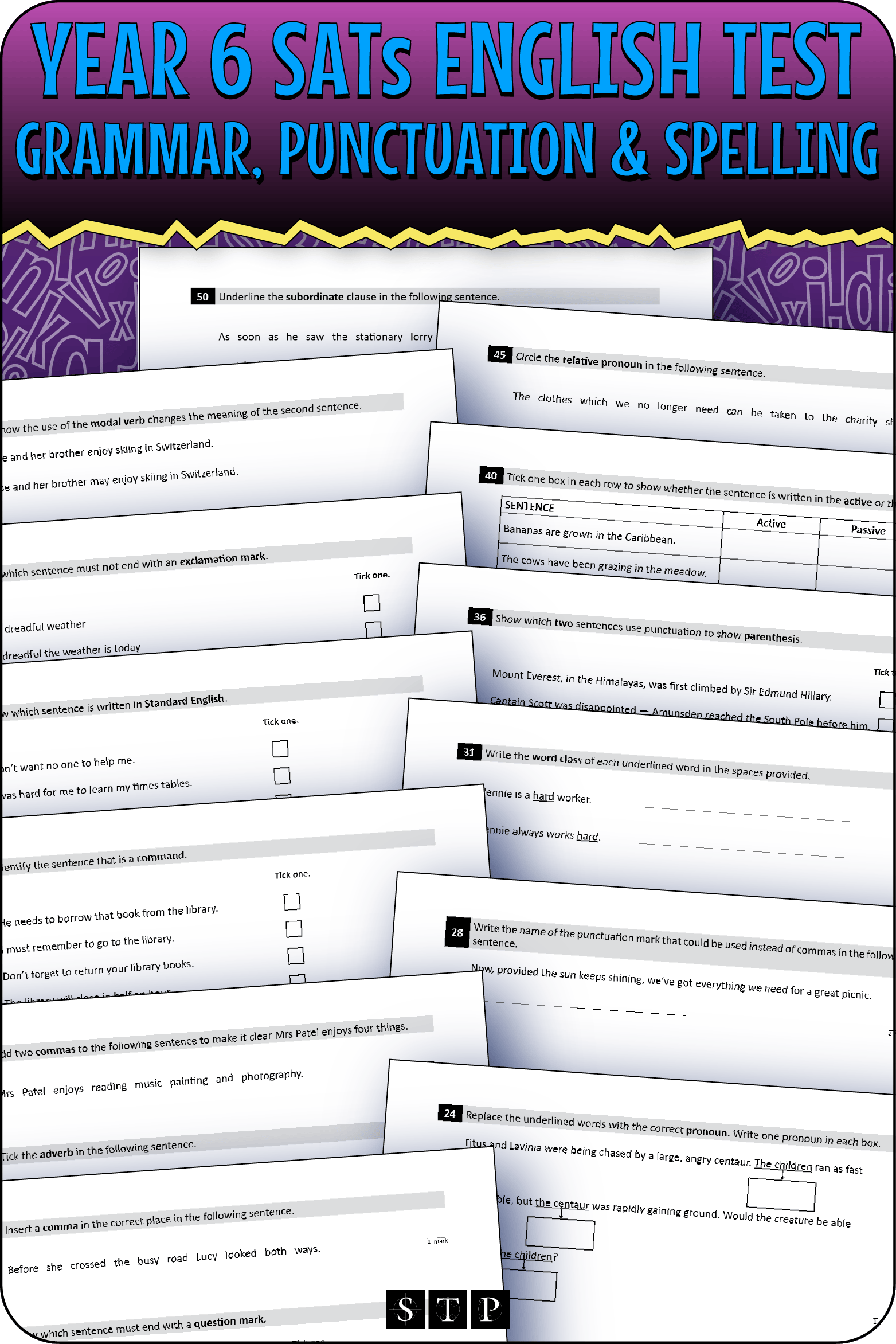 A mock-up of the 'Year 6 SATs English Test Grammar, Punctuation & Spelling', a free self-study or revision tool for download.