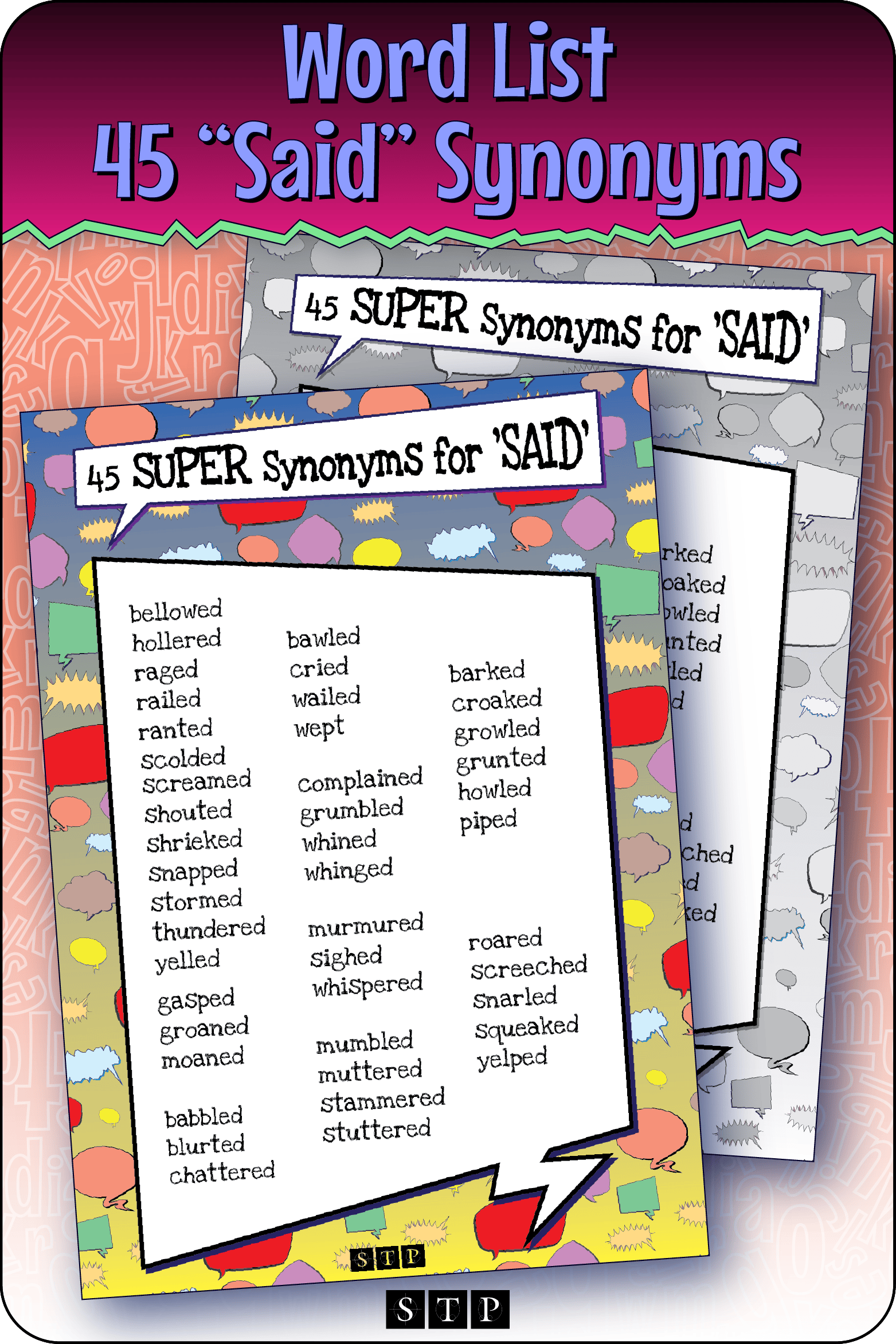 A mock-up of the '45 Super Synonyms for Said' word list, a free vocabulary and spelling resource for download for Years 5 & 6.