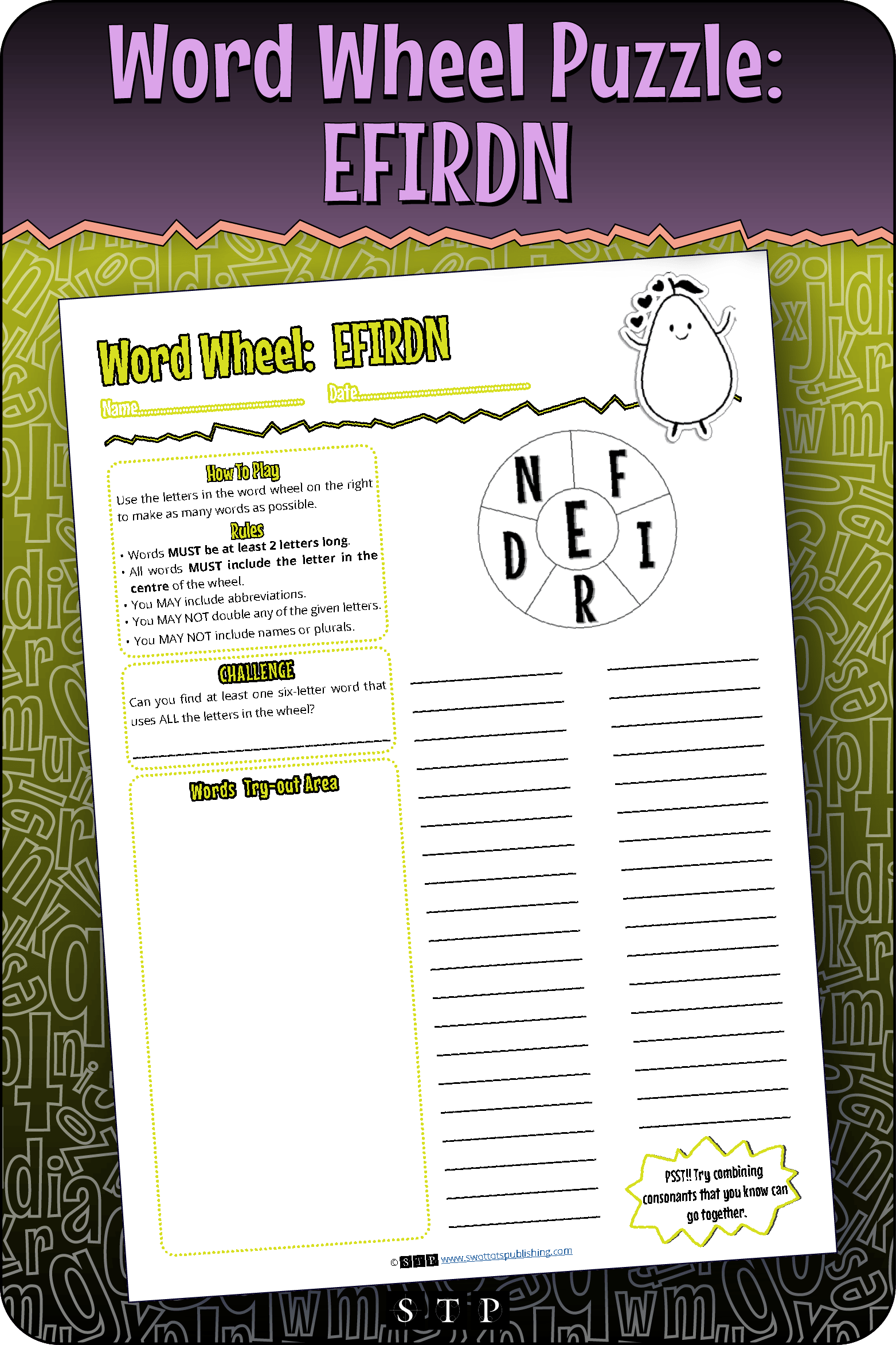 A mock-up of the 'EFIRDN' word wheel puzzle, a free word game for download.