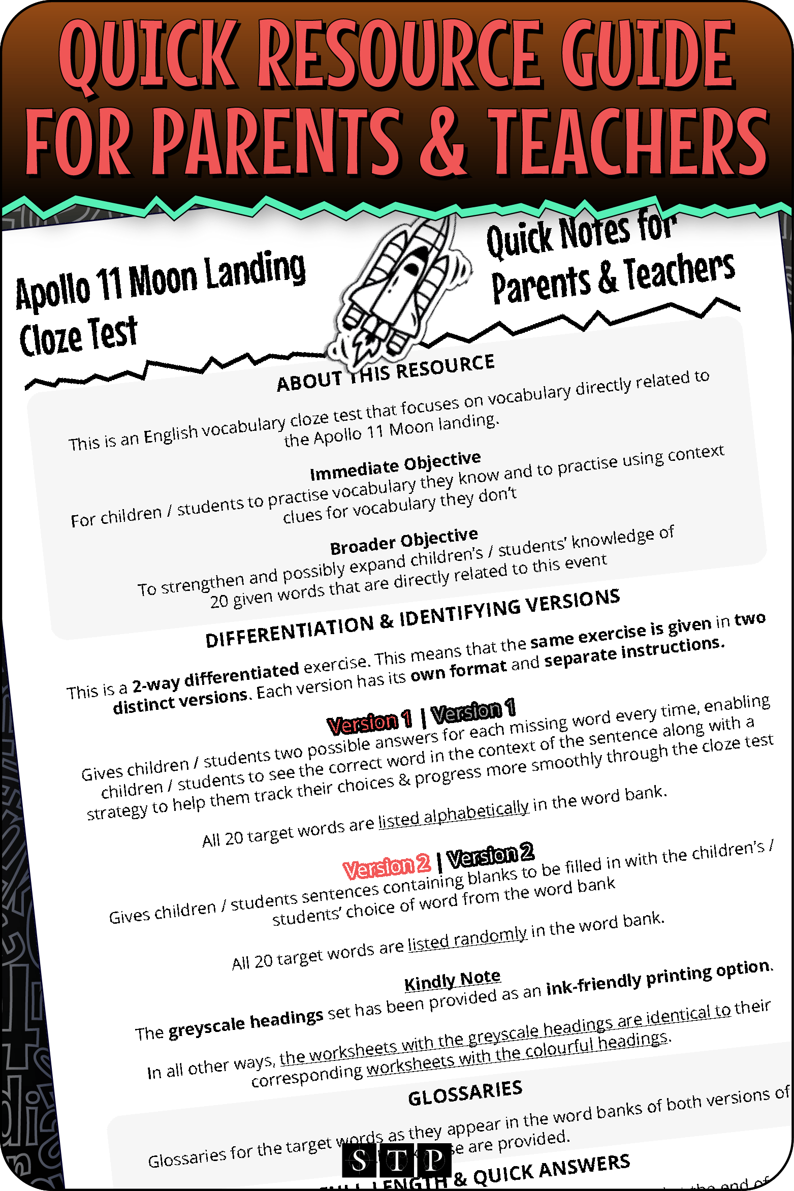 A 'look inside' preview highlighting the 'Quick Resource Guide for Parents & Teachers' included with the worksheets which explains the resource's learning objectives and differentiated versions.