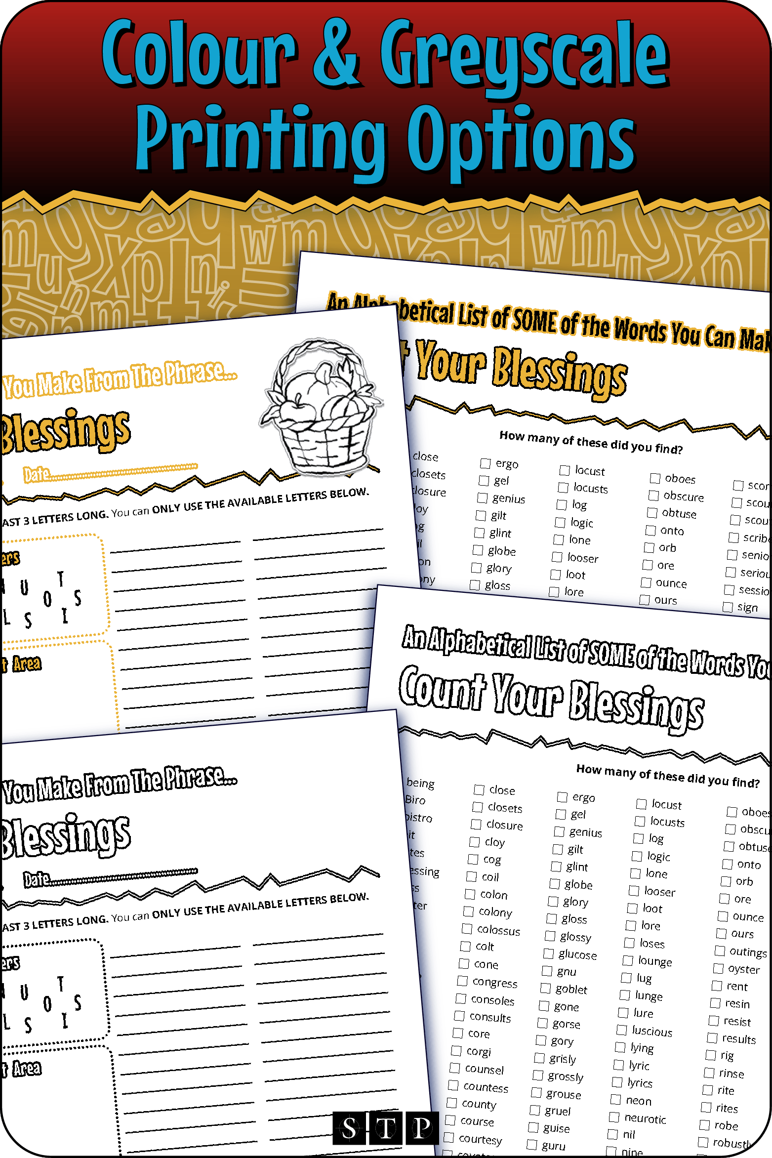 A 'look inside' preview showing the resource is available in both colour-accented and ink-friendly greyscale printing options.