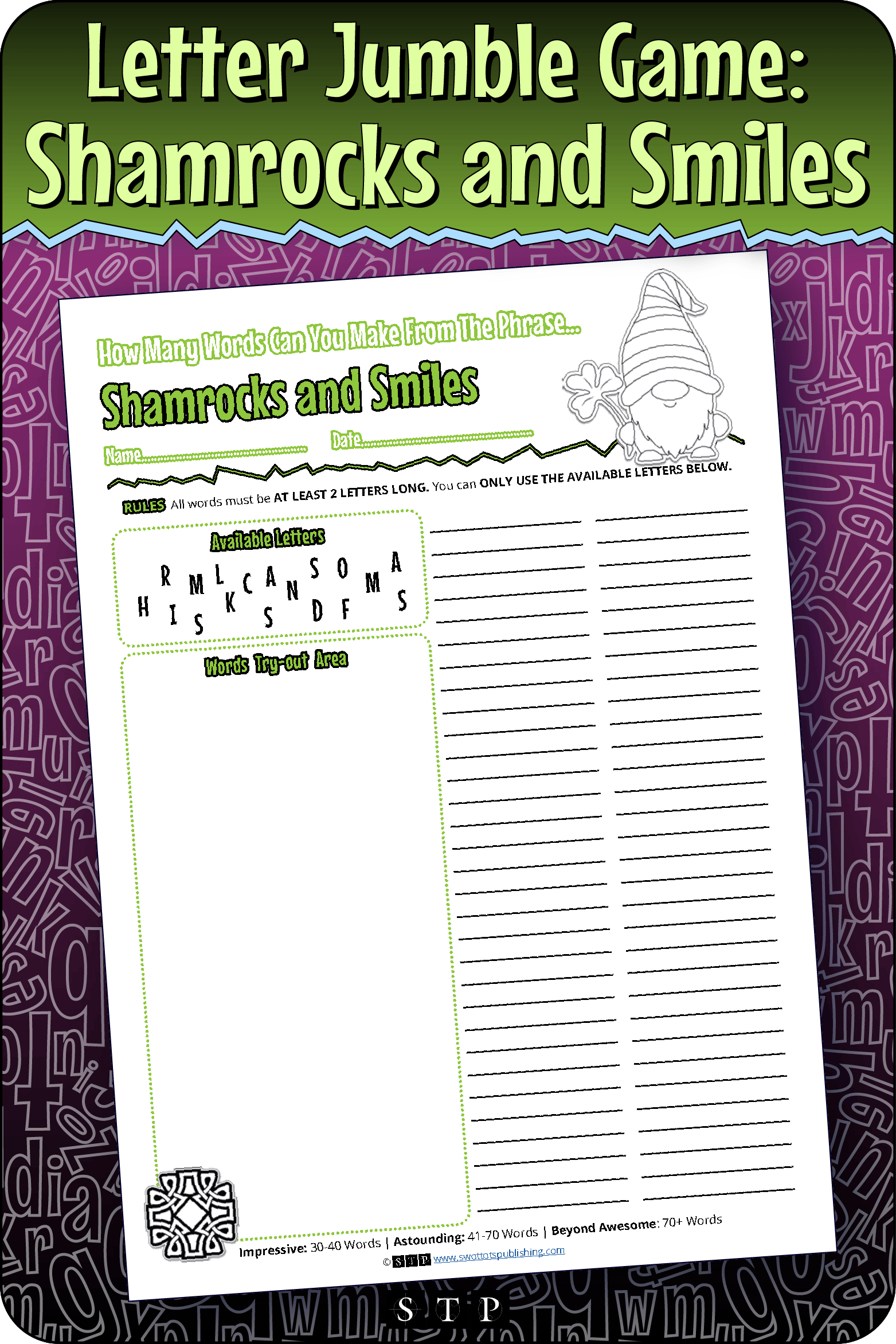 A mock-up of the 'Shamrocks and Smiles' (Version 2) letter jumble, a free word game for download.
