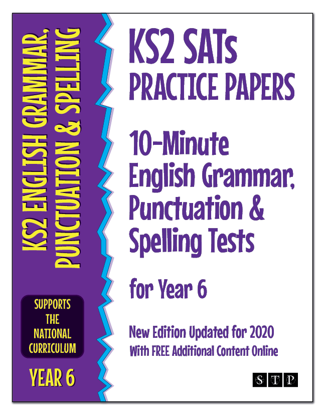 The book cover of 'KS2 SATs Practice Papers 10-Minute English Grammar, Punctuation & Spelling Tests for Year 6 New Edition Updated for 2020'.