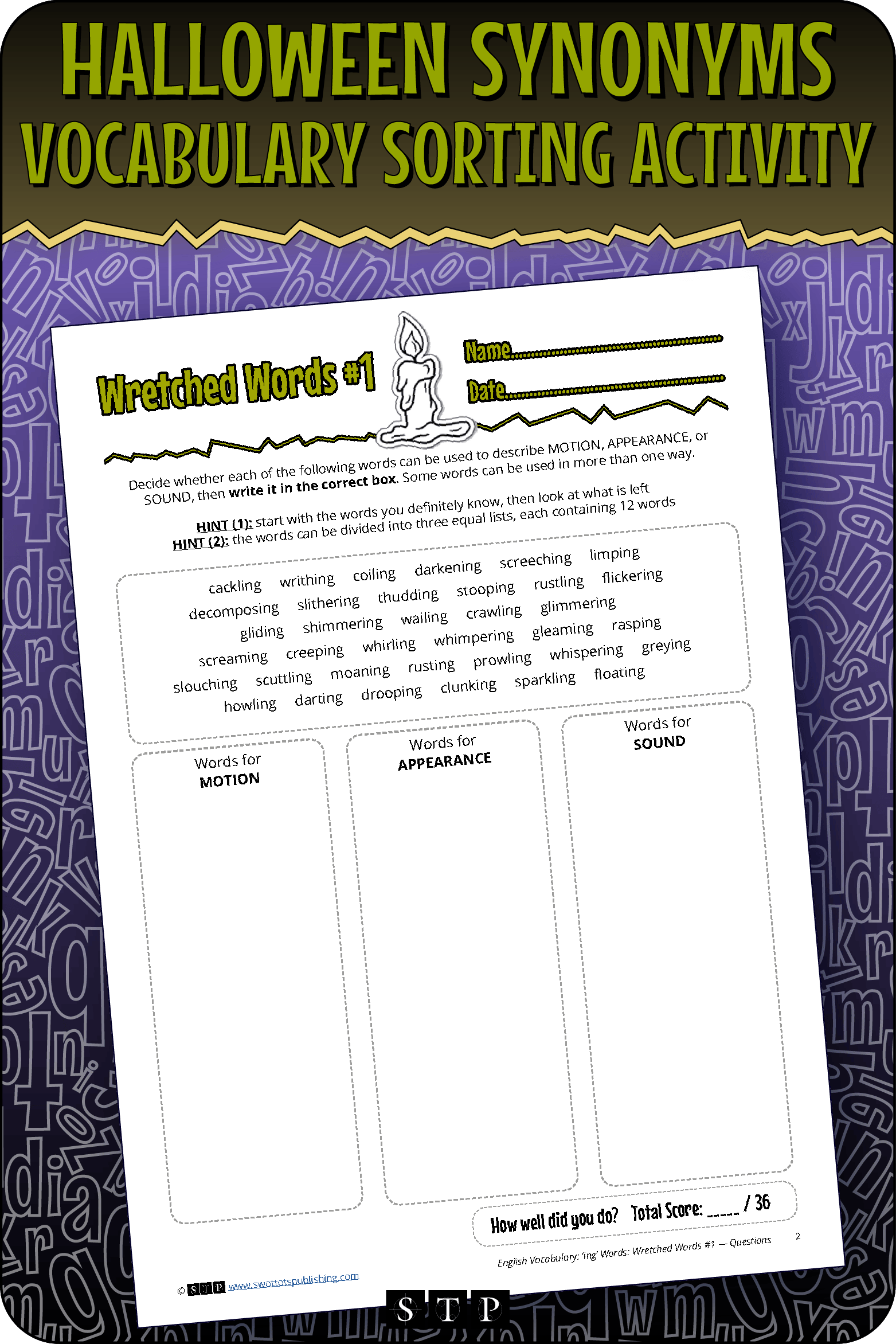 A mock-up of the 'Wretched Words #1' sorting activity, a free vocabulary resource for download.