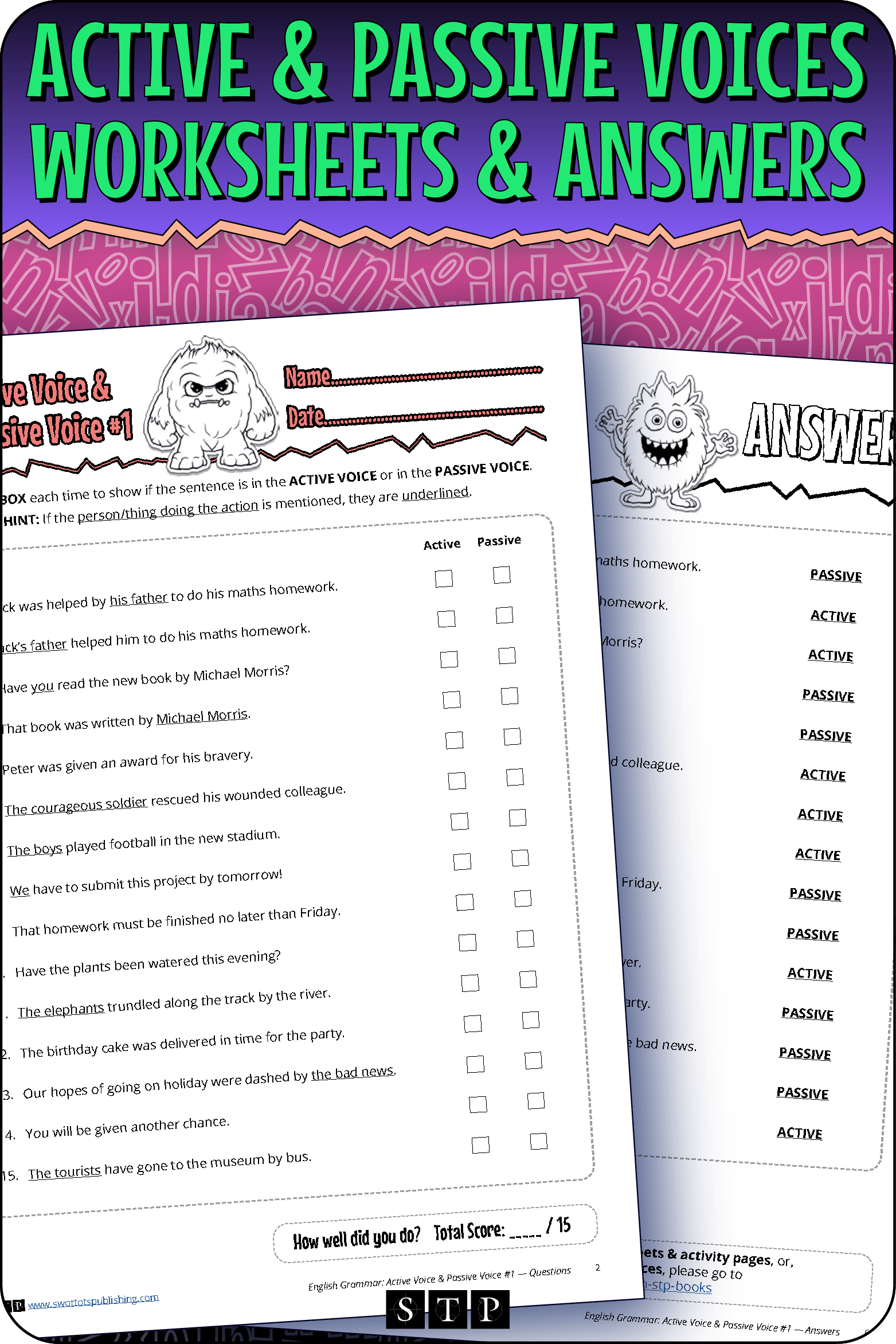 A mock-up of the 'Active & Passive Voice #1' worksheets and answer key, a free grammar resource for download.