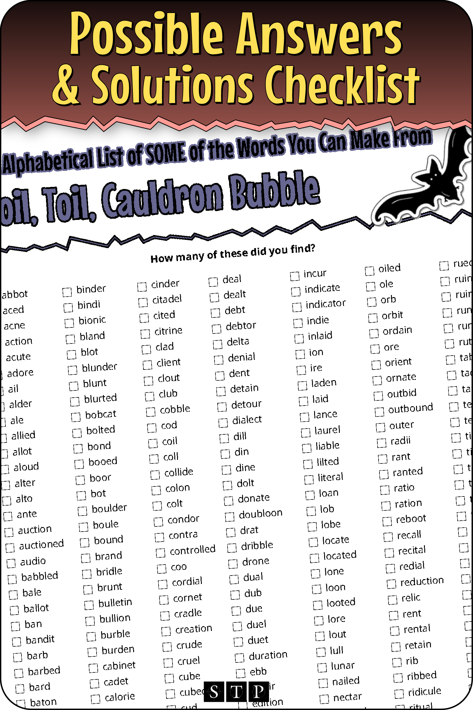 A 'look inside' preview showing a list of possible solutions for the 'Boil, Toil, Cauldron Bubble' (Version 3) letter jumble