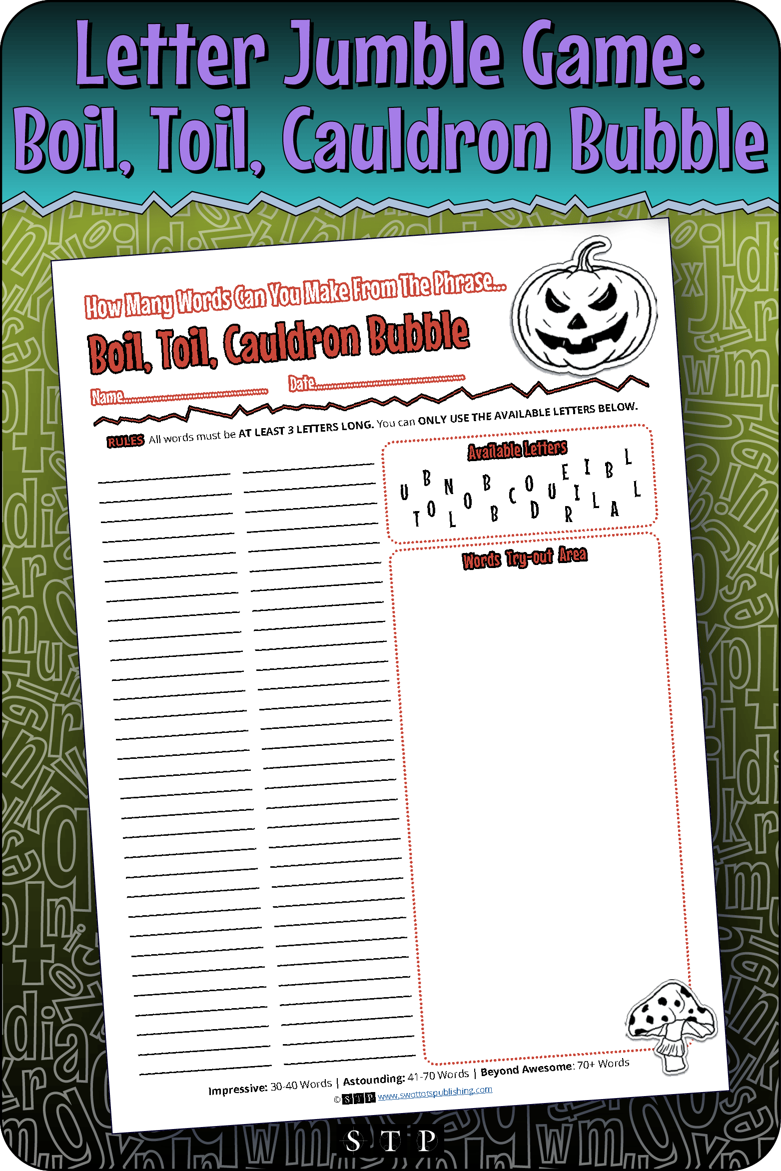 A mock-up of the 'Boil, Toil, Cauldron Bubble' (Version 2) letter jumble, a free word game for download.