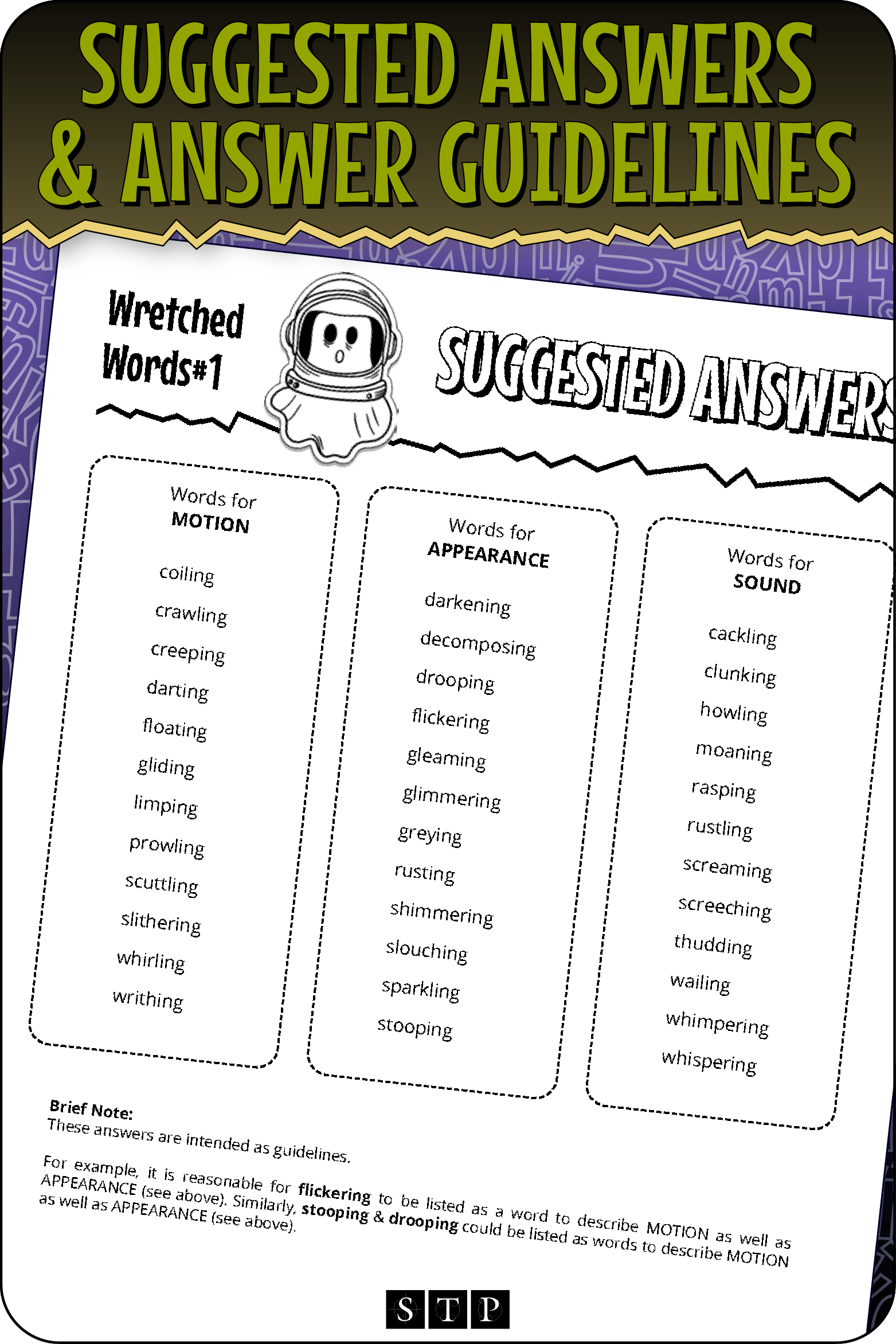 A 'look inside' preview showing the suggested answers and marking guidelines for the 'Wretched Words #1' activity.