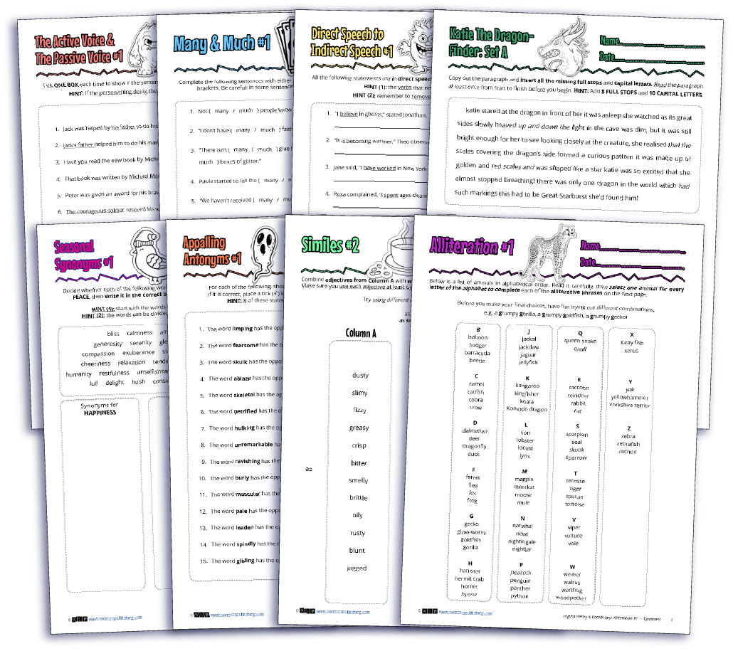A selection of free grammar, spelling, punctuation, and poetry worksheets by STP Books.