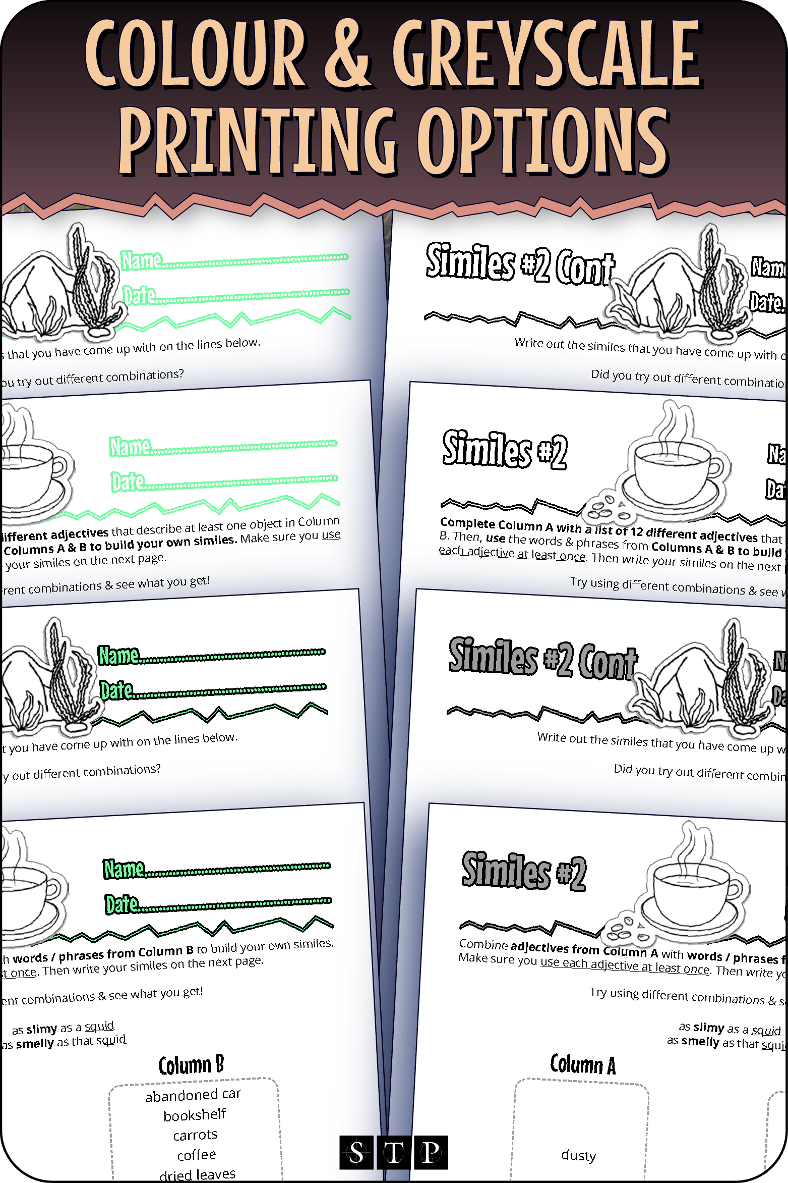 A 'look inside' preview showing the resource is available in both colour-accented and ink-friendly greyscale printing options.