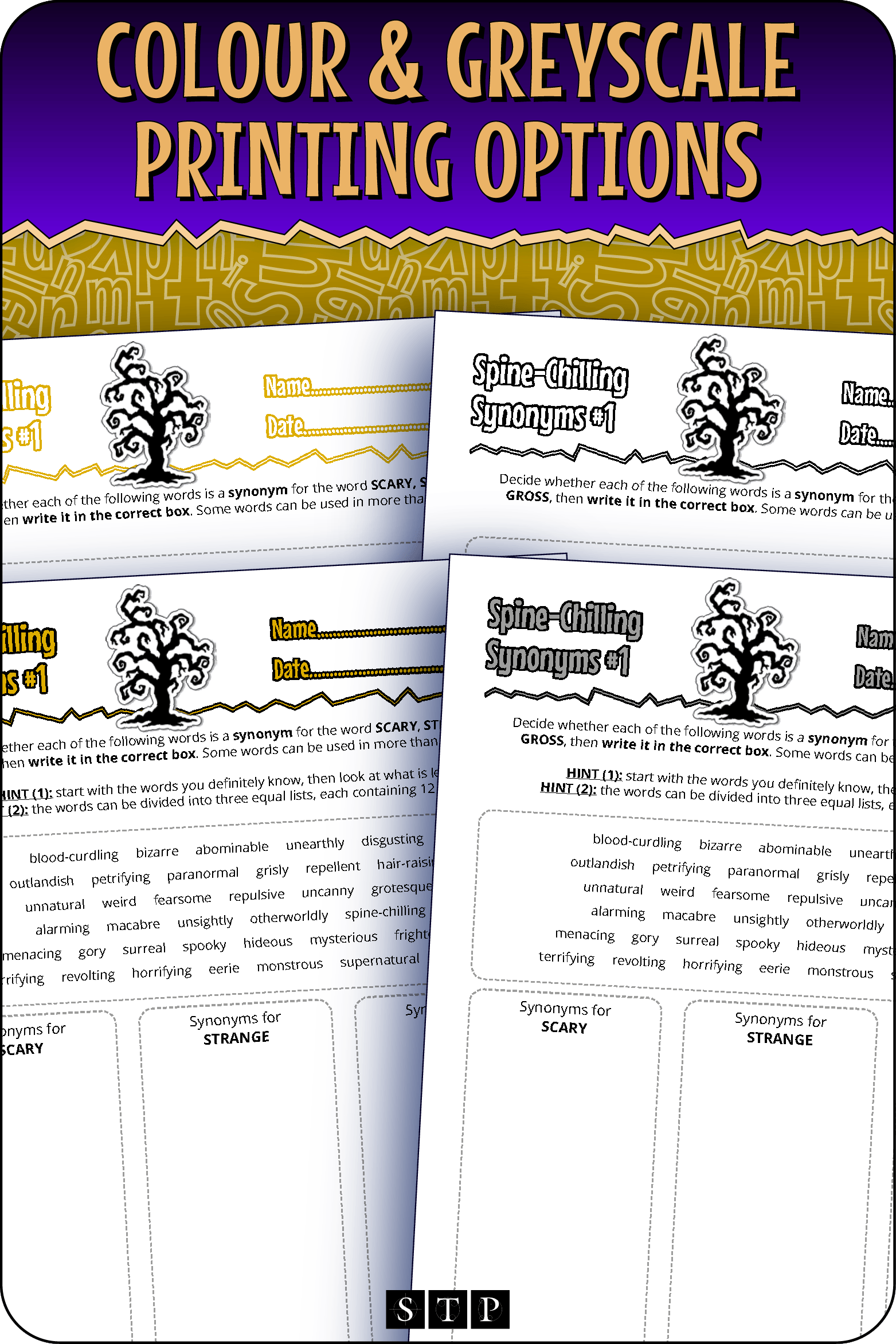 A 'look inside' preview showing the resource is available in both colour-accented and ink-friendly greyscale printing options.