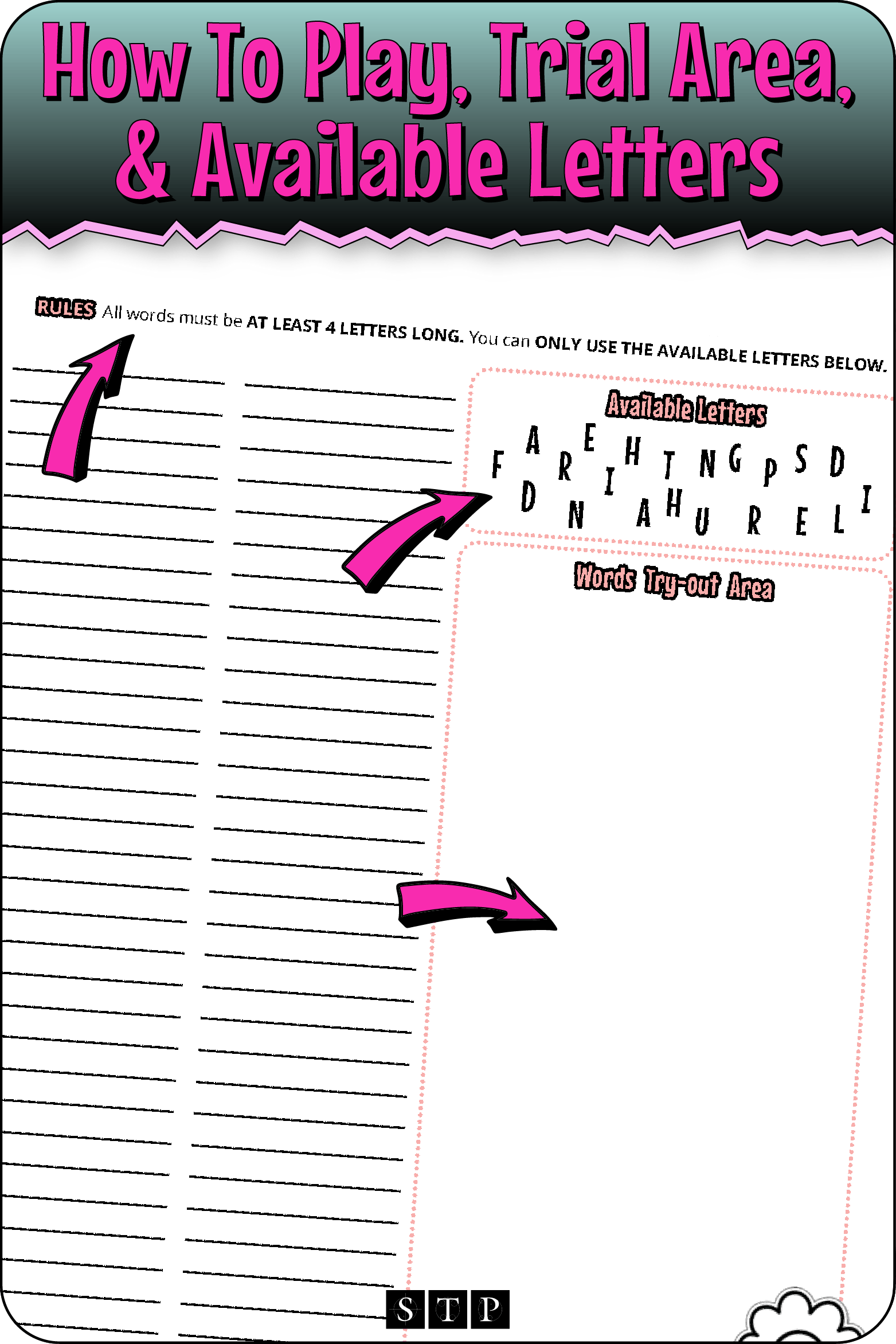 A 'look inside' preview highlighting the rules for the 'Laughter & Friendship' (Version 1) letter jumble