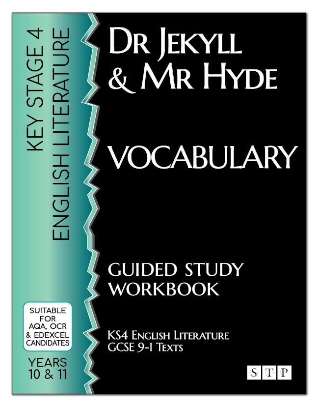 The book cover of 'Dr Jekyll and Mr Hyde Vocabulary Guided Study Workbook' for KS4 GCSE English Literature.