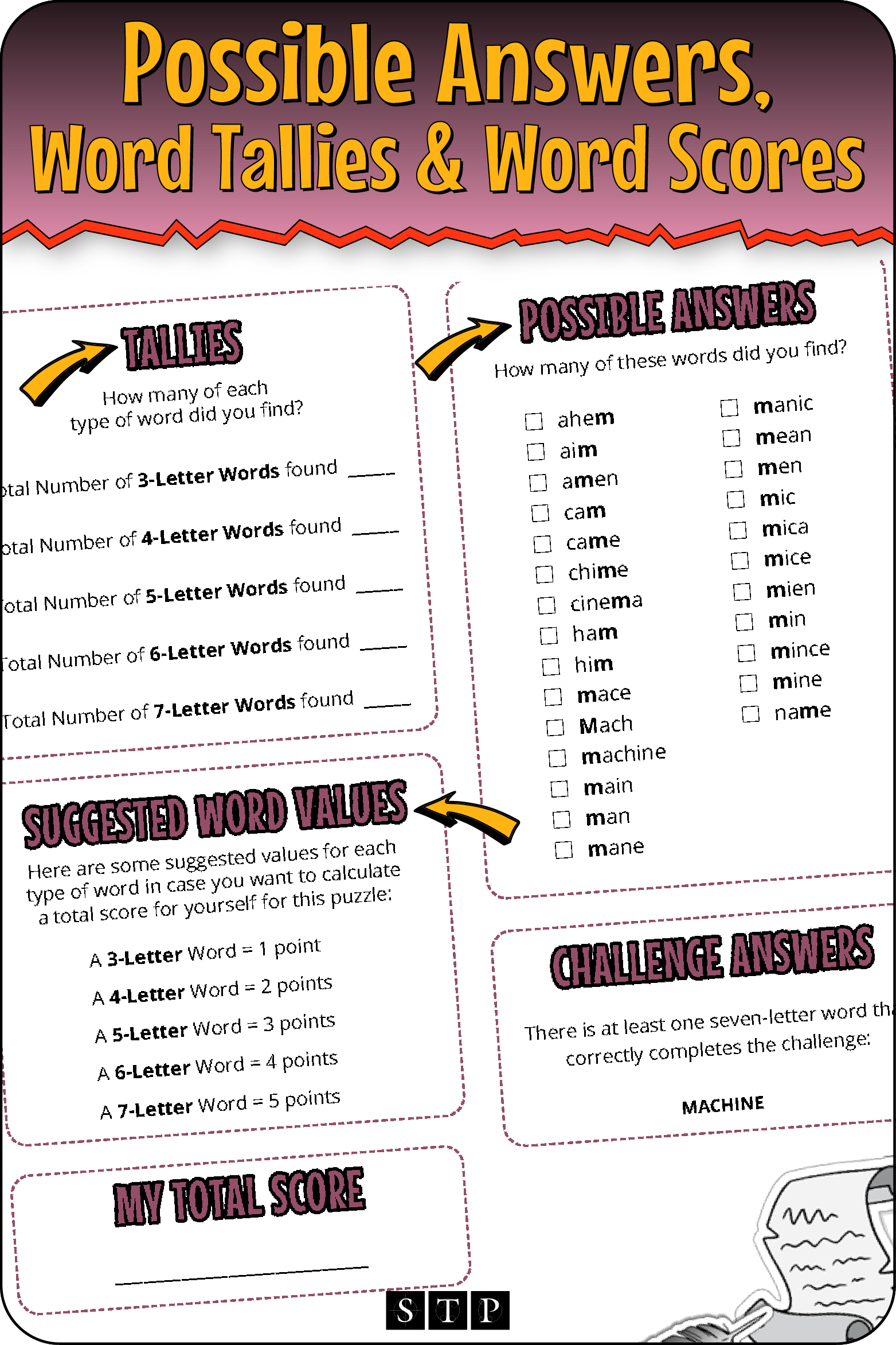 A 'look inside' preview highlighting the key features of the second page of the 'MEAHICIN' word wheel puzzle
