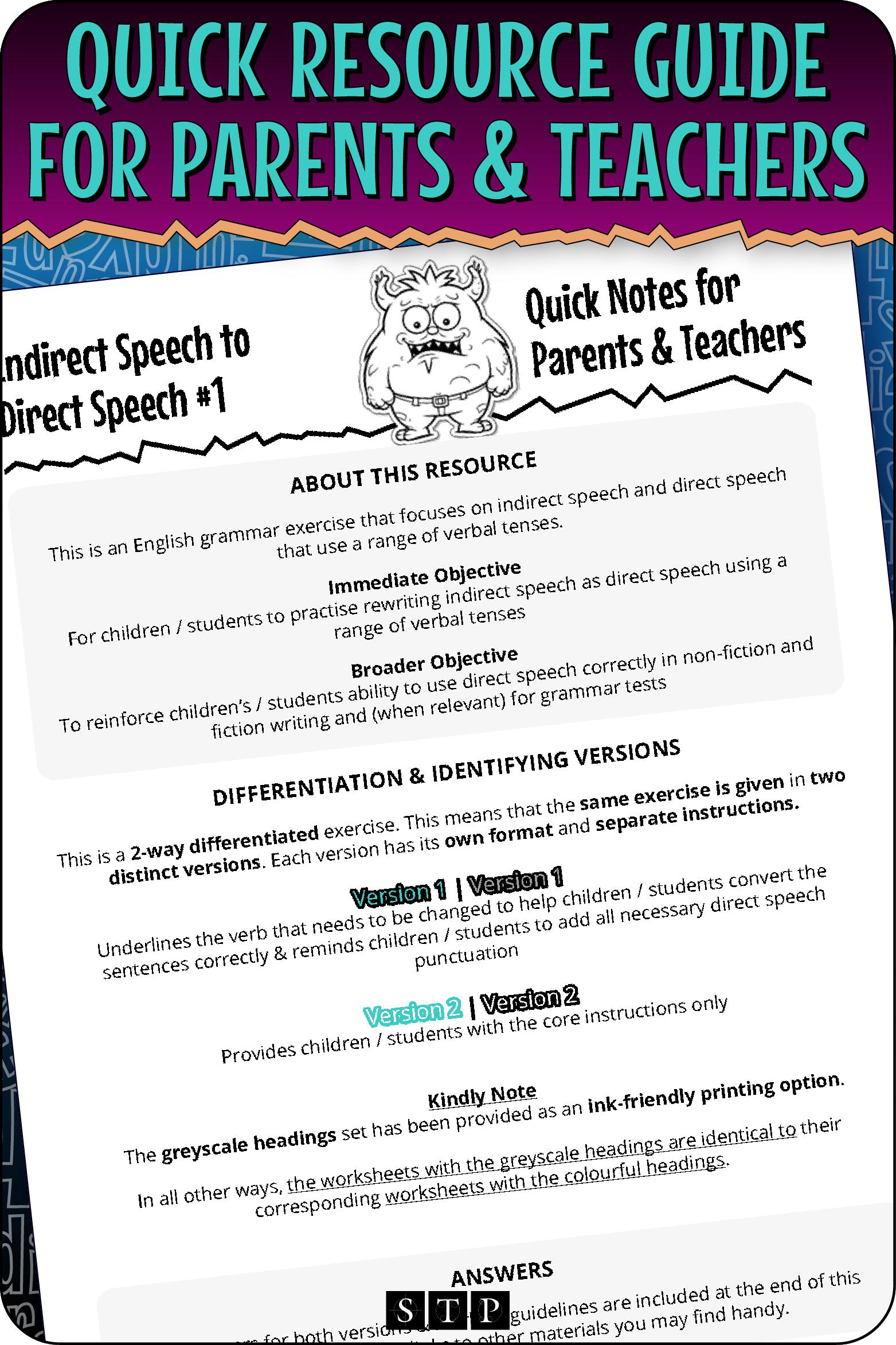 A 'look inside' preview highlighting the 'Quick Resource Guide for Parents & Teachers' included with the worksheets which explains the resource's learning objectives and differentiated versions.